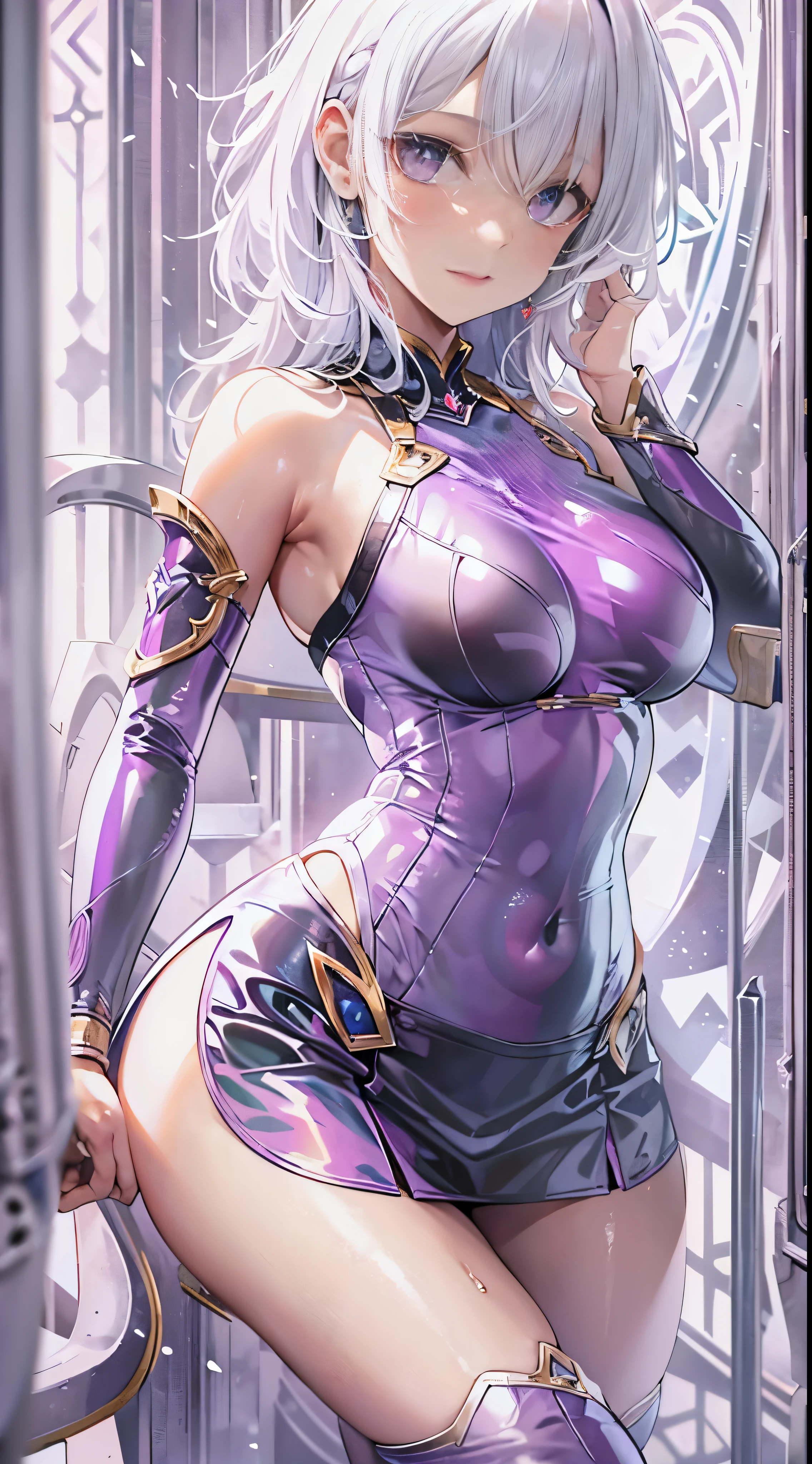 One lady,ars,((White hair) ,((())), ((Normal breasts)), (())(()),(Shiny purple bodysuit with microskirt))),,((Fantasy,))(())