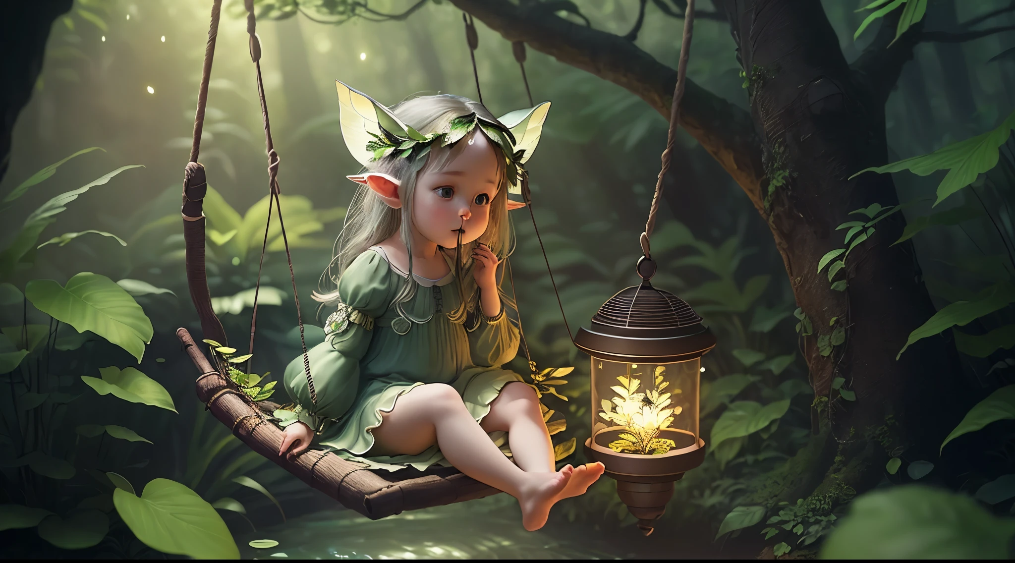Masterpiece, best quality, (very detailed CG unity 8k wallpaper), (best quality), (best illustration), (best shadows), glow sprite, natural elements in the forest theme. Mysterious forest, breath taking pools, beautiful forest, nature, surrounded by flowers, very detail little fairy girl on a swing alone, detail face, detail nose, detail eyes, detail ears, detail mouth, delicate leaves and branches surrounded by fireflies (natural elements), (jungle theme), (leaves), (twigireflies), (particle effects) etc. 3D , Octane rendering, ray tracing, super detailed