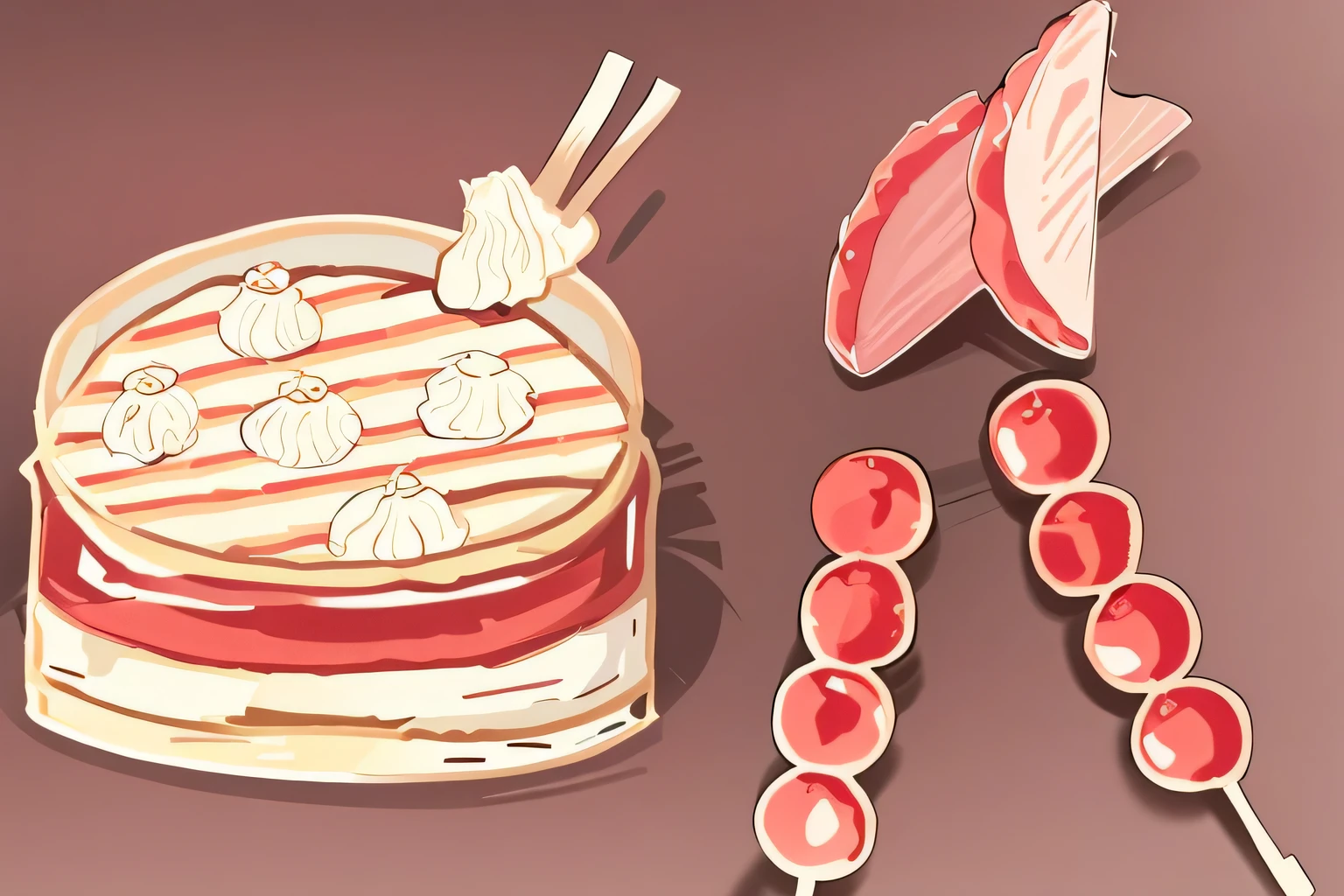 Cake illustration with banana and cherry on top, Inspired by Jana’s inner Zen, color drawing, Amazing food illustration, Inspired by Jolys van der Hagen, Inspired by Pia fries, inspired by Itō Ogura Yonesuke, Inspired by Qi Baishi, baking artwork, by Emma Andijewska