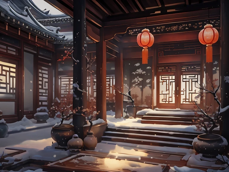 (Antique interior design), Manhwa Style,Chinese courtyard,snow landscape, Asian architecture,Ancient Chinese Ming Dynasty style, poignant atmosphere,The painting style is delicate and soft, movie light effect, high-definition picture quality, , dingdall effect, rich details, Refer to Gu Kaizhi, 32K, high qulity, A high resolution, (Very detailed CG unified 8k wallpaper)
