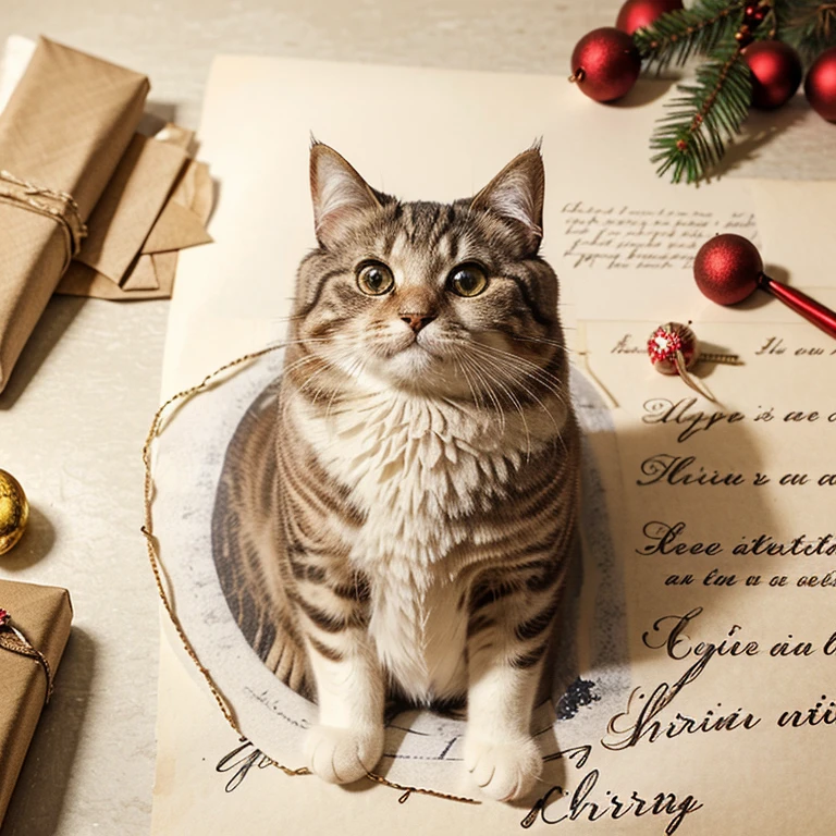 an old beautifully decorated handwritten CHRISTMAS letter, with old writing, wax seal, an anatomically correct cute fluffy cat, full body like a sketch on parchment paper, snow piles on the letter, christmas decorations on the letter