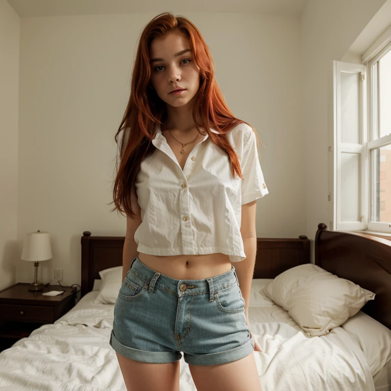 1girl, beautiful face, red hair, very young, , 13 ybuttoned shirt, tight shorts, short shorts, shorts unbuttoned BREAK standing, in the bedroom