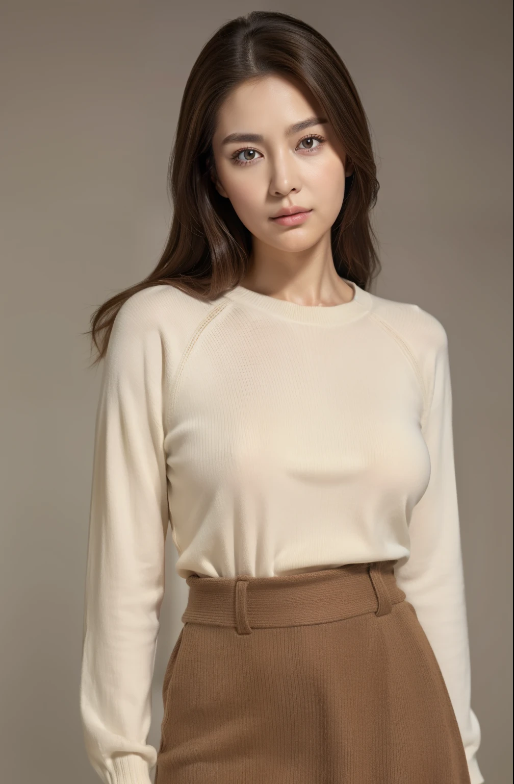 masuter piece, top-quality, masterpiece, hight resolution, Photorealsitic, Raw photography, 8k wallpaper, flawless, profetional lighting, ighly detailed, depth of fields,Pale solid color background, ((One beautiful woman)), ((40 years)), Female sexy, Detailed face, beautidful eyes, bangss, large breasts of good shape, Light Brown Straight Hair, Faint lips, ((Stand forward、Staring at the viewer, serious face eyes.)),Sweaters, skirt by the, cowboy shot
