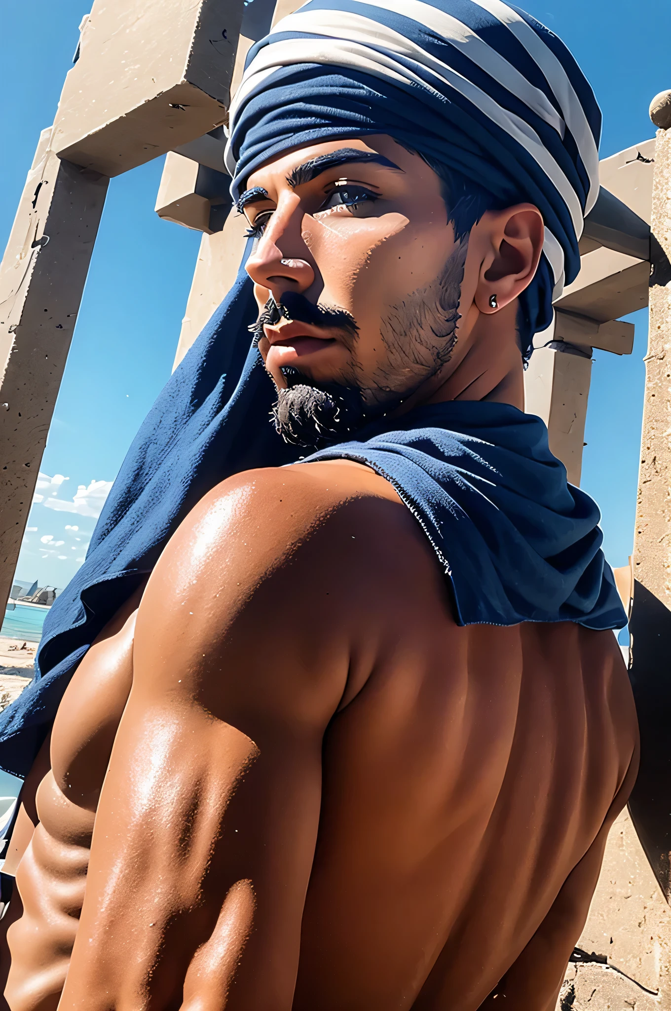 faaris azura, arabic fashion, arabic style, thobe, turban, close up