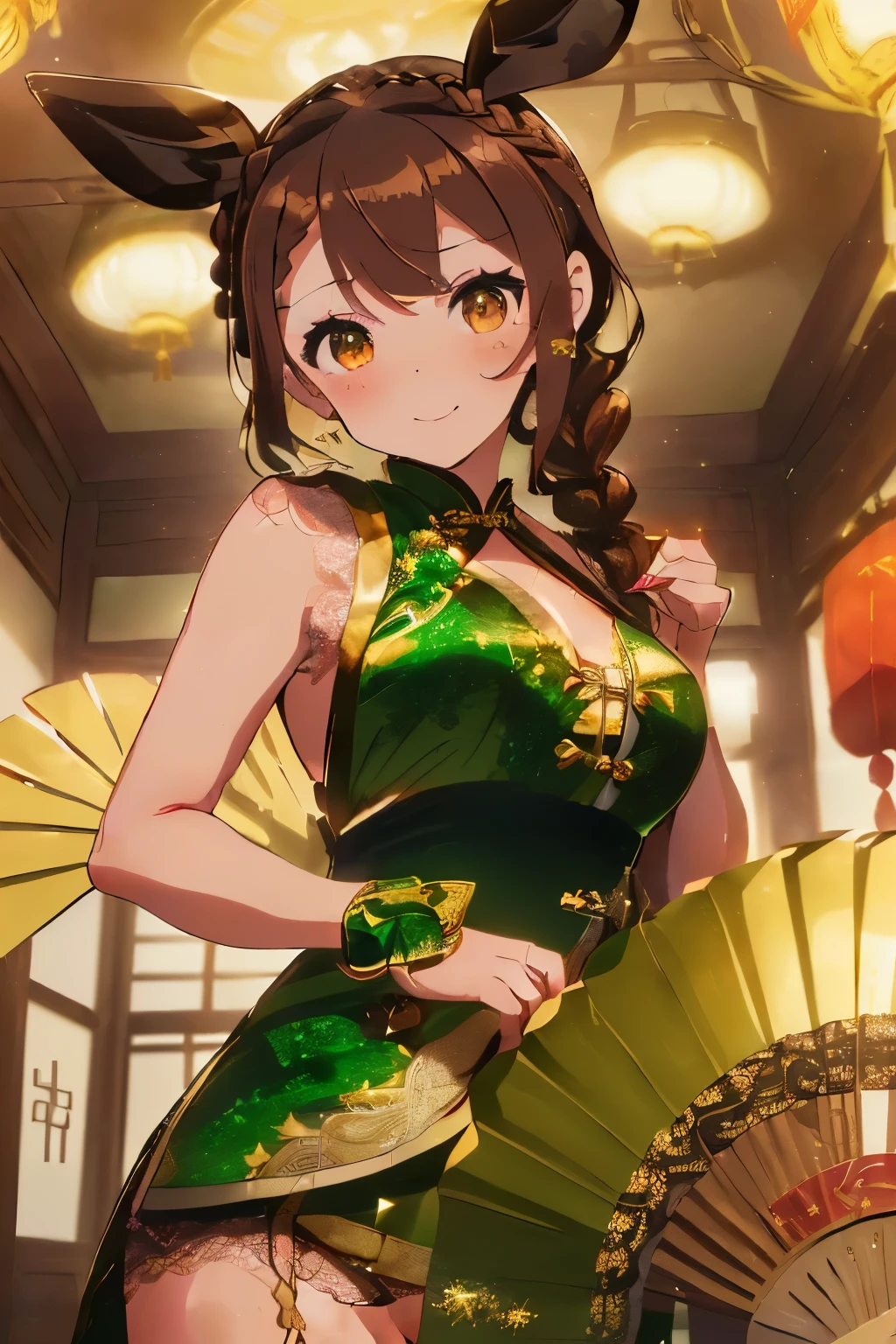 (Brown hair:1.5),(Braided shorthair:1.55),(Brown eyes:1.5),(With bangs),Slight red tide,(Usamimi:1.7),(Cheongsam dress with wide open chest 1.5),(lace arm warmers:1.5),(black and green and gold:1.5),(Rabbit tail:1.25),(active movement:1.2),(Atmosphere of the Chinese dynasty era:1.25),I'm looking at you with a gentle smile,(The inside of your eyes are shining like stars:1.5),(A luxurious fan in hand:1.35),(fan size:2.0),(Luxury decoration on a fan:1.5),(Eye size:1.65),(nsfw:1.2),(Bewitching atmosphere:1.5),A sexy,(Buttocks close-up:1.6),(Panty Line:1.5),(Sweaty skin:1.35),
