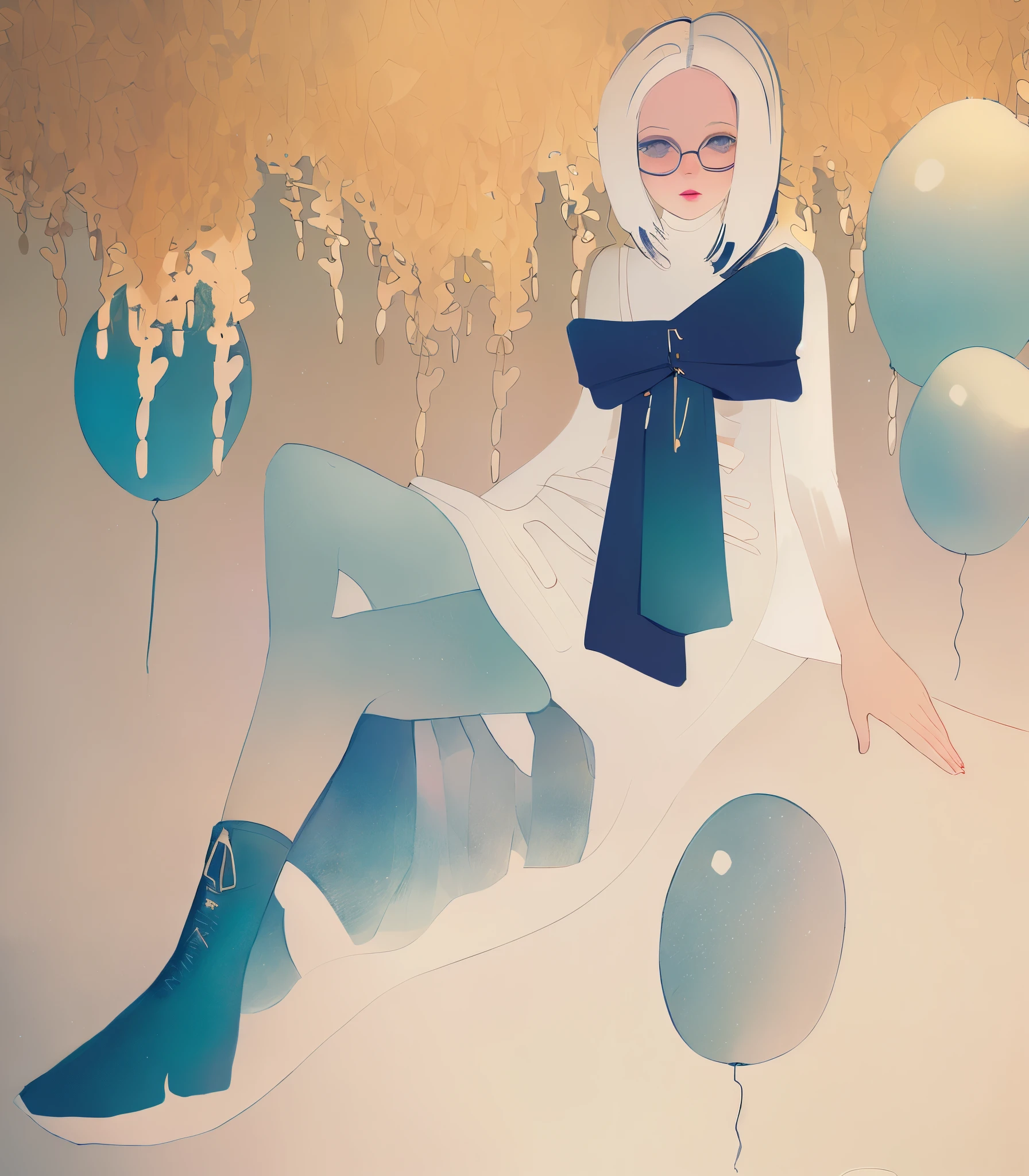there is a woman sitting on a blanket with balloons and a scarf, in style of digital illustration, blurry and dreamy illustration, illustration style, stylized digital illustration, digital illustration, blurred and dreamy illustration, mixed media style illustration, dreamy illustration, fashion illustration, luxury fashion illustration, digital illustration -, style of conrad roset, digital art of an elegant