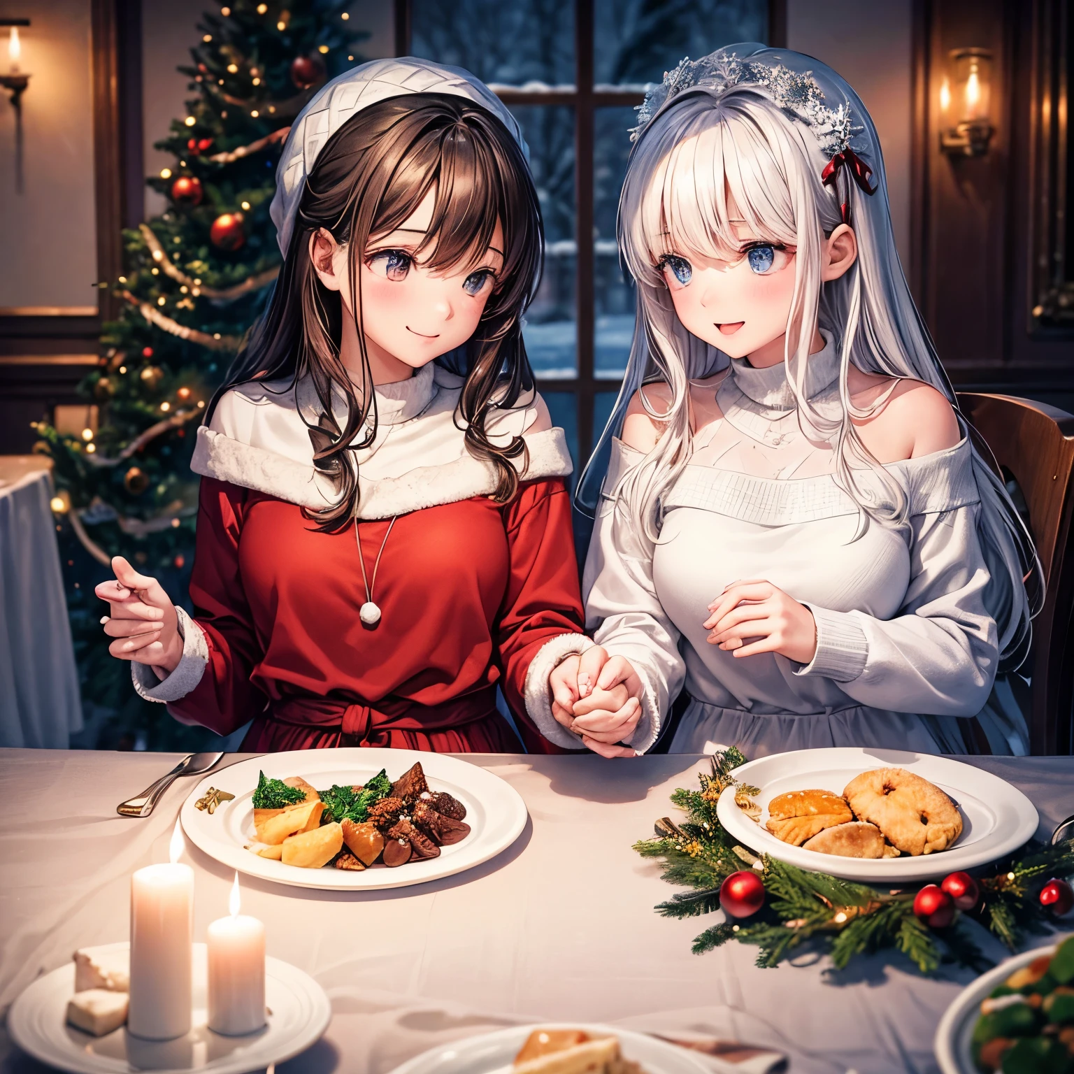 On Christmas Eve, two girls who love each other hold hands in the quiet candlelight, admiring the snowy landscape of a White Christmas. Inside, a decorated Christmas tree stands, surrounded by a delicious dinner on the table, where they raise their wine glasses in a toast.