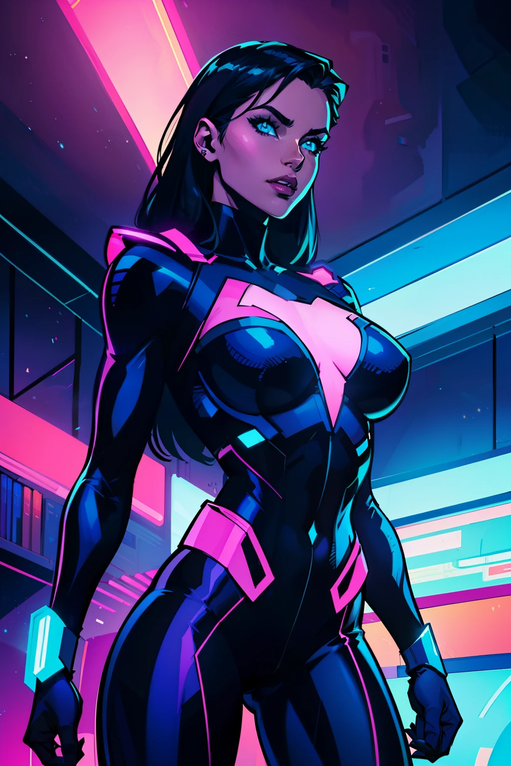 ((Realstic)) and ultra-detailed photography of a woman, looking at viewer, superhero outfit, spandex, marvel comics, woman flying like superman, sexy expression, neon colors, rim lighting, atmospheric lighting, woman is well lit, sexy, beautiful woman, glowing neon skin, cinematic lighting, dark simplistic abstract background, night time