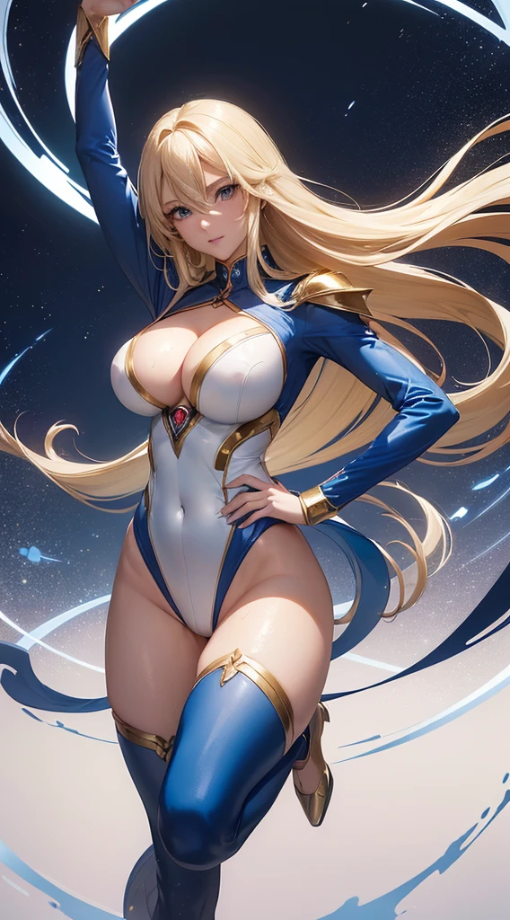 ((masutepiece)), ((ultra-quality)), ((Ultra-detailed)), ((High resolution)) , ,((in 8K)),Beautuful Women, ((she is one of the most famous actresses in the world.)), Unparalleled beauty, ((large full breasts:1.4)), ((big butts)), ((Deep cleavage)), Slim waist, Chest out, Ultra-detailed顔, Perfect Skin, (((waist-length hair, ((long straight golden hair)), crossed bangle eyes, Detailed eyes, Whole body image, Sexy, An inviting smile, , (((Anime))), ((Glamorous)), Sexual attraction ,23 years old, ((信じられないほどBeautuful Women)), ((H Cup Bust)),((((sexypose)))), ((Neat and clean.)) , (((power ranger))), heroine, (((High leg leotard power suit, Blue power suit with white lines, Reinforced powered suit))), ((Beautiful breasts and legs, 8 life-size, Anime:1.4, Wet, The most beautiful、Strongest, ((charm)), ((Gravure Pose)),((British Beauty)),
