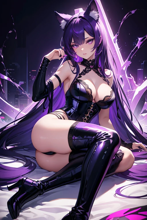 (best quality,8k,high res,masterpiece:1.2),ultra-detailed,(realistic:1.37),1girl,hot,purple hair,catgirl,looking at viewer,detailed eyes,detailed lips,purrfectly cute,alluring expression,dark purple hair,floaty cat ears,seductive pose,vibrant colors,glowing purple eyes,luminous skin,delicate features,fierce yet playful,soft and silky hair texture,flowing hair,wearing a revealing outfit,fitted corset and thigh-high boots,claw-like nails,playful tail,painted nails,shimmering eyeshadow,sultry lips,purrr-fectly captivating,purple lace lingerie,teasing glimpse,alluring charm,NSFW,an enchanting beauty,provocative atmosphere,artistic neon lighting,sensual ambiance,colorful background,ethereal beauty,sensual and mysterious,erotic undertones,unforgettable gaze.