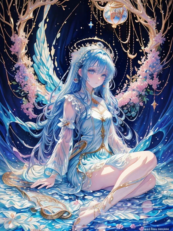 One girl, Solo,  (((trapped in big krystal)))(trapped in krystal:1.7),((add eye details)), ((add face details)), krystal, Star, shine, beautiful night sky on background, Moon, Stars on background,Diamonds、たくさんのkrystalが付いたドレス, fantasy dress, A magical dress with a transparent chest, krystal製シースルー, lady with glowing flowers dress, intricate fantasy sheer dress, Daniel Merriam's style, translucent intricate gown, Translucent intricate costume design, translucent  dress, a stunning young ethereal figure, jeweled opal statue, fantasy transparent costume, Made of dried flowers、Glasswork、glass slipper with gold and white flowers, 気まぐれIntricate details, intricate and Elegant, beautiful detailed Elegant, Fairytale style, ultra Intricate details, Elegant. Highly detailed, complex and beautiful, golden Intricate details, Cinderella, side view Intricate details, Complex gold elements, Intricate details, Complex and detailed, super complex details、There is a sofa and table in a room with blue curtains, anime aesthetic, Anime Background, dreamy and detailed, anime beautiful peace scene, Anime Background art, beautiful anime scene, very magical and dreamy, blue and white tones, Relaxing environment, Ethereal dreamy theme, dreamy aesthetic, Anime that won the Aesthetic Award, relaxing concept art, blue themed, quiet and serene atmosphere