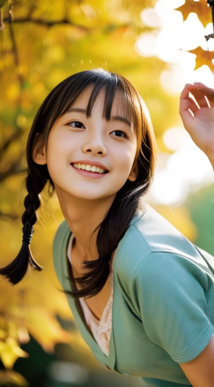 (((​masterpiece))),  (One beautiful Japan girl, classmates, landscape and innocence，kawaii) ，超A high resolution, Realistic, ultra-detailliert, 8K,top-quality, Extremely detailed, Detailed background,A slender,very beautiful japanese girl, Detailed face:1.3),realisticlying、(10 years old female child)、Gather your hair into two buns，Outdoor Fashion、Emphasis on backward buttocks、Dynamic close-up looking up from under a ginkgo tree、Beautiful autumn leaves、Slightly larger breasts with an emphasis on cleavage、Versatile sexy poses、The sky turns red at sunset、Face smile