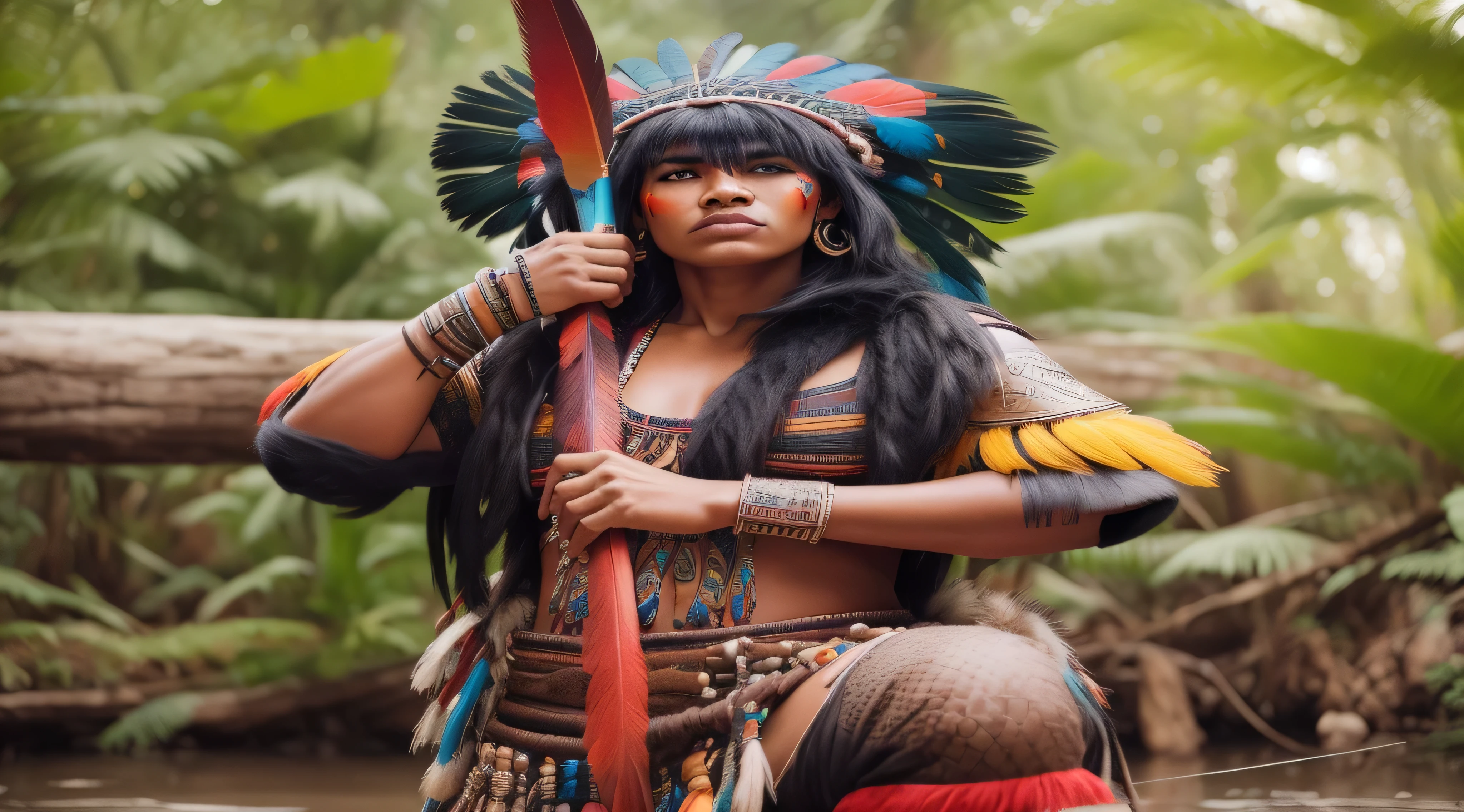 Image of a beautiful indigenous warrior with extraordinary beauty, holding a large spear in his hands, on the head a large colorful headdress made of Macaw feathers with ultrarealism and perfection, Realismo, renderizado, Alto contraste, digital art photographyrealistic trend in Artstation 8k HD high definition detailed realistic,  detalhado, textura da pele, hiper detalhado, textura de pele realista, armadura, melhor qualidade, ultra high-resolution, (fotografiarrealista: 1.4), alta resolução, detalhado, Calado bruto, sharp re, por lee jeffries Nikon D850 Filme Fotografia de Stock 4 Kodak Portra 400 Lente F1.6 Rich Colors Realistic Texture Dramatic Texture Dramatic Lighting Irrealengine Trend on Artstation Cinestill 800