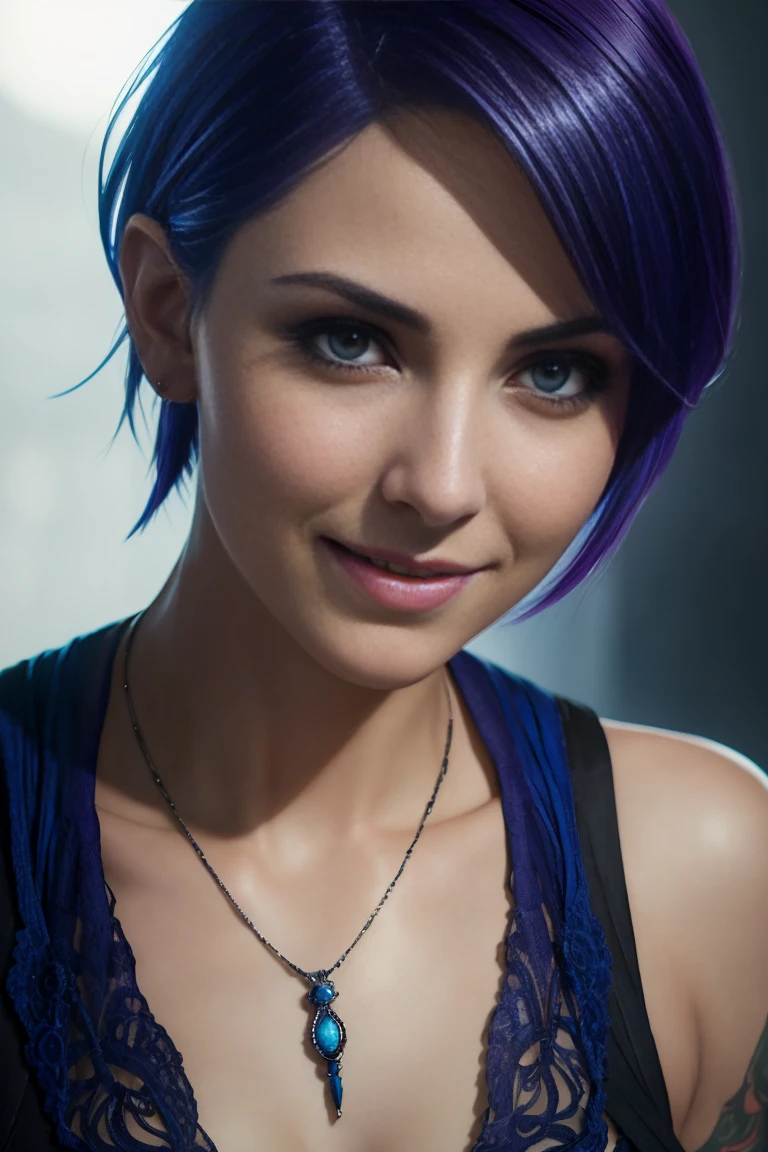 Jinx, smile, short indigo hair, sexy pose, detailed eyes, photography, trending on artstation, sharp focus, studio photo, intricate details, highly detailed, by greg rutkowski