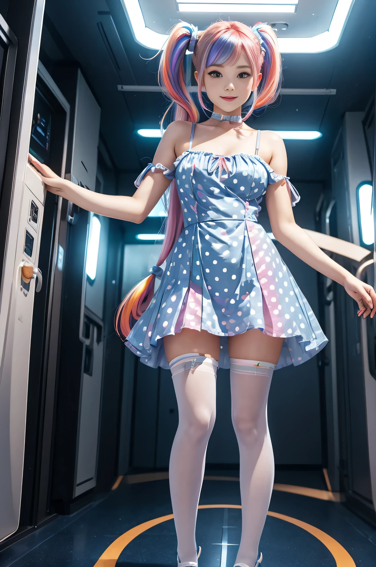 Cute redhead with rainbow colored hair tips, ribbons in her hair, 18-year-old woman, happy, in twin tails, perfect eyes, clear sparkling blue eyes, pale skin, silky smooth skin, standing on a fancy metal luxurious space ship, futuristic corridor, dark warm lighting, wearing a futuristic party dress, pleated (chemise) mini dress (pastel rainbow colors, and polka dots), wearing full body pantyhose, cute short cut booties.