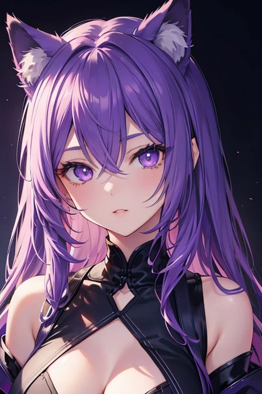A girl with hot purple hair, dressed as a catgirl, is looking directly at the viewer. Her eyes are beautifully detailed, with long eyelashes, and her lips are also beautifully detailed. The overall image quality is the best, with a resolution of 8K, ultra-sharp details, and a photorealistic appearance. The colors are vivid, and the lighting is carefully crafted to enhance the girl's features. This artwork can be created using various mediums, such as digital illustration or oil painting. The girl is the main focus of the artwork, and her vibrant purple hair adds a touch of uniqueness to her appearance. Despite the NSFW element, the artwork is tastefully done with a high level of artistry.