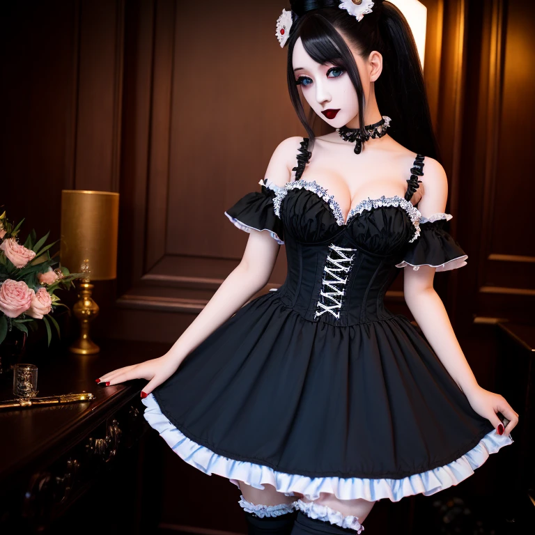 sexy stylish Spanish model, only 1 female, ((doll-like appearance)), ((ultra detailed Platform boots)), beautiful smile, ultra detailed eyes, vivid eye makeup, lipgloss, long lashes, defined eyebrows, ((sexy Gothic Lolita cosplay)), bell-shaped skirt, petticoats, high neckline, puffed sleeves, ((ultra detailed lace)), ((ultra detailed embroidery)), intricate details, Gothic Lolita accessoires and matching headpiece, Gothic Lolita choker, ((large sparkling Gothic Lolita jewelry)), cinematic light, detailed large park background with trees 
