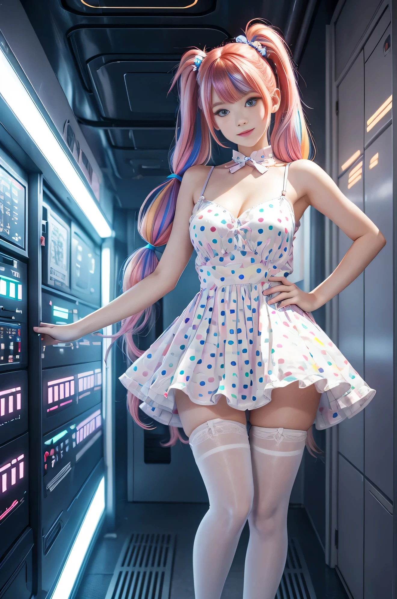 Cute redhead, gravure Idol, with rainbow colored hair tips, ribbons in her hair, 18-year-old woman, happy, in twin tails, perfect symmetrical eyes, clear sparkling blue eyes, pale skin, silky smooth skin, standing on a fancy luxurious space ship, large futuristic corridor, control panels, wood trim, decorative plants, warm lighting, wearing a futuristic party dress, pleated (chemise) mini dress (pastel rainbow colors, and polka dots), wearing full body pantyhose, cute short cut booties.