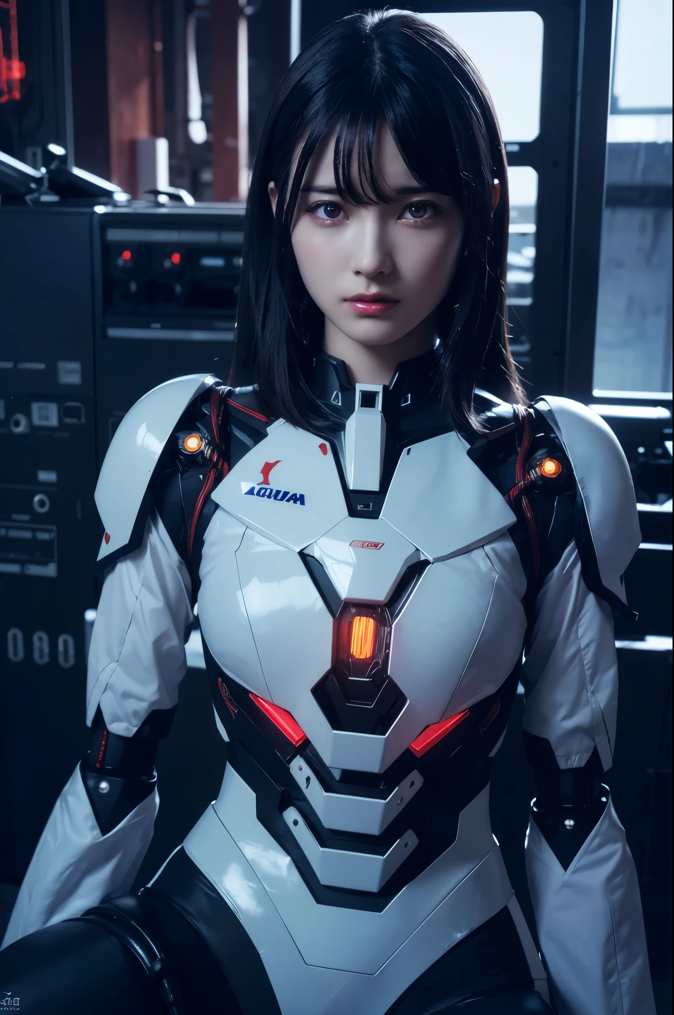 Top Quality, Masterpiece, Ultra High Resolution, (Photorealistic: 1.4), Raw Photo, 1 Girl, Black Hair, Glossy Skin, 1 Mechanical Girl, (Ultra Realistic Detail)), Portrait, Global Illumination, Shadows, Octane Rendering, 8K, Ultra Sharp, Big, Cleavage Exposed Raw Skin, Metal, Intricate Ornament Details, Japan Details, Very intricate details, realistic light, CGSoation trend, purple eyes, glowing eyes, facing the camera, neon details, mechanical limbs, blood vessels connected to the tube, mechanical vertebrae attached to the back, mechanical cervical attachment to the neck, sitting, wires and cables connecting to the head, gundam, small LED lamps,