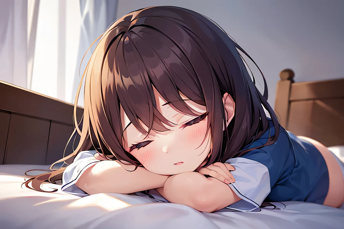 ​masterpiece、top-quality、 5  girl with medium hair with orange bangs.、child, Sng, Close eyes、Bed in the background、Bold composition、Upper body is shown、Alone、
