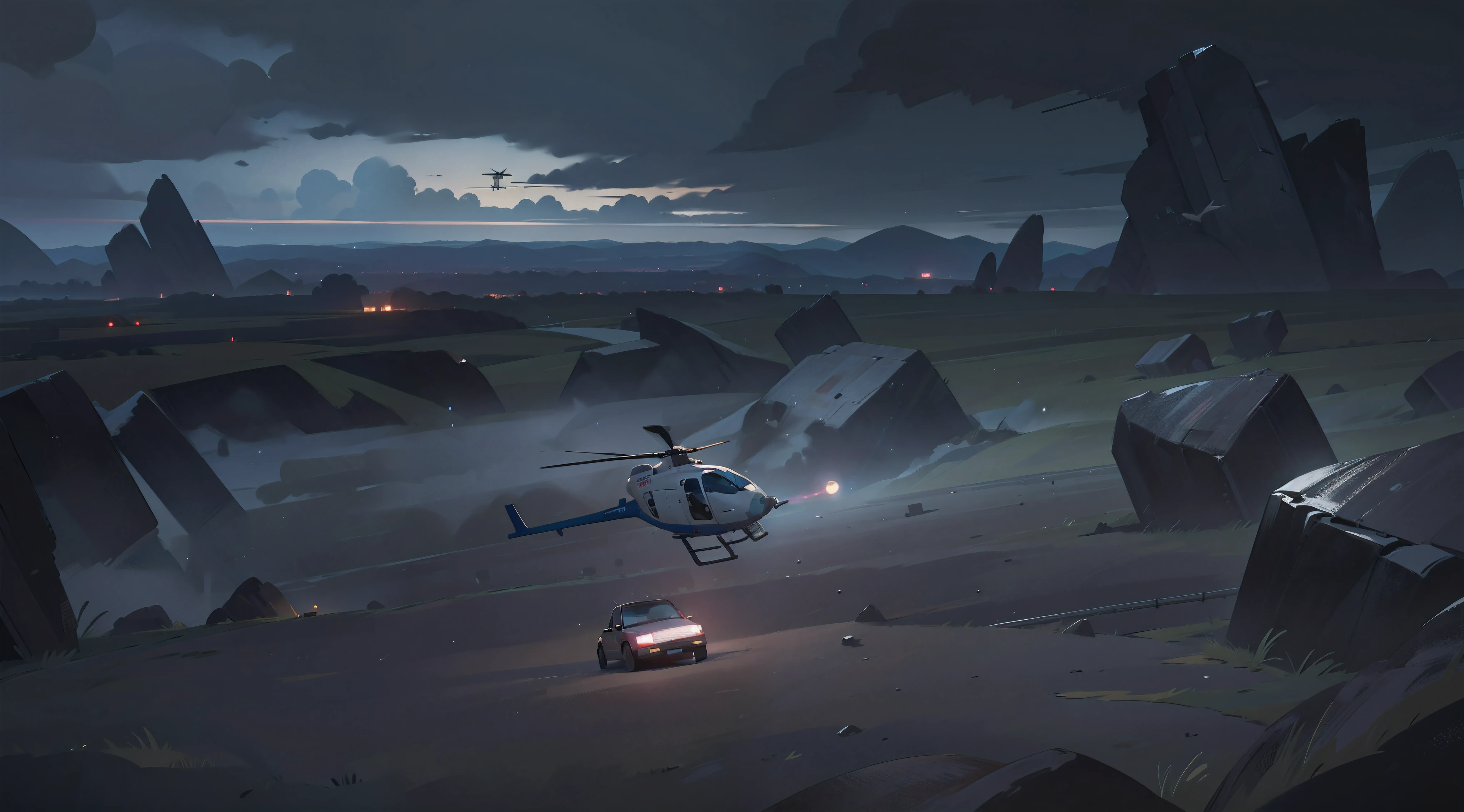 outside , very very very very wide shot , helicopter shot , details background , night , dark cloud sky , dark night ,