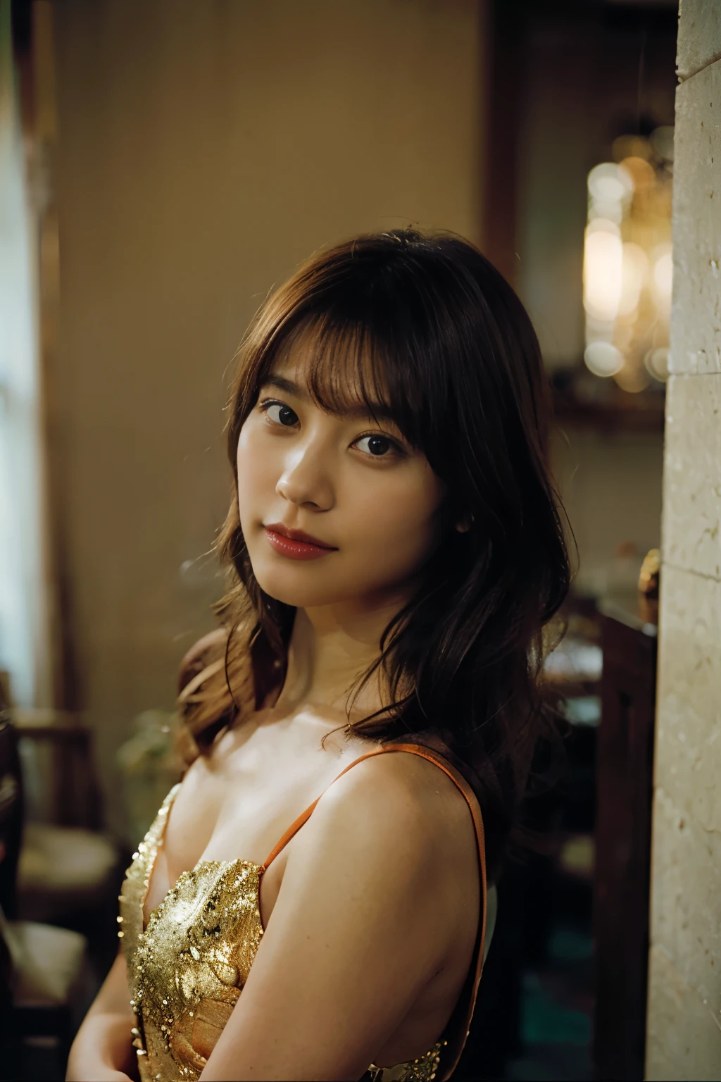Elegant half-body portrait with the brunette woman wearing a stylish evening gown, shot against a sophisticated interior backdrop, Her orange hair adds a pop of color to the serene setting. Shot on kodak gold 400.