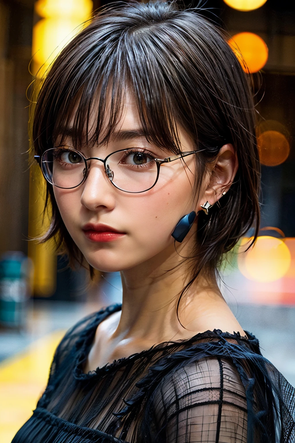 Black hair, Glasses, Stud earrings, Vintage, Feminine, 8K, masutepiece, Best Quality, excellent details) , (High color saturation, Best Shadows, best light, Very delicate bleaching) Dark style