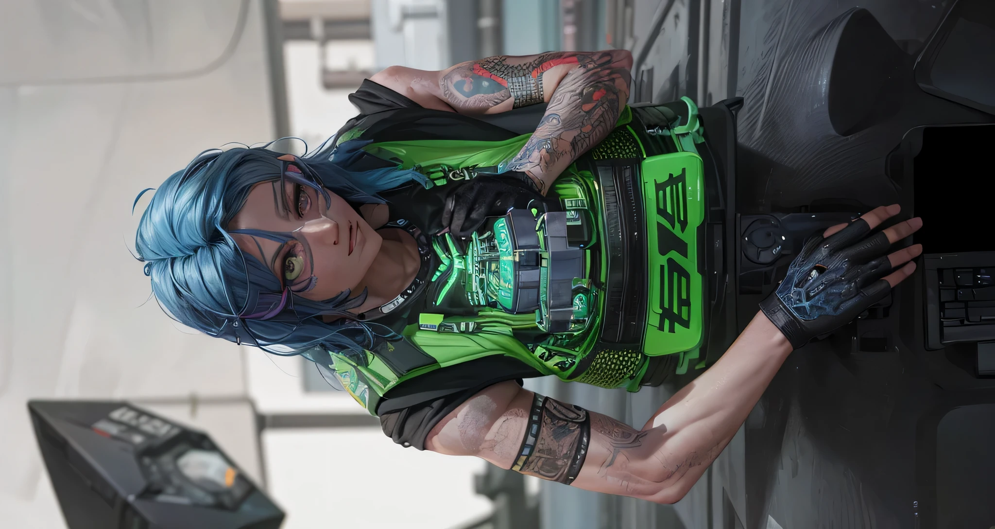 there is a woman with blue hair and tattoos holding a laptop, cyberpunk outfit, wearing cyberpunk streetwear, cyberpunk style outfit, hyper-realistic cyberpunk style, muscular! cyberpunk, cyberpunk wearing, cyberpunk streetwear, mechanic punk outfit, diesel punk female, cyberpunk clothes, wearing netrunner clothing, model is wearing techtical vest, in cyber punk 2077