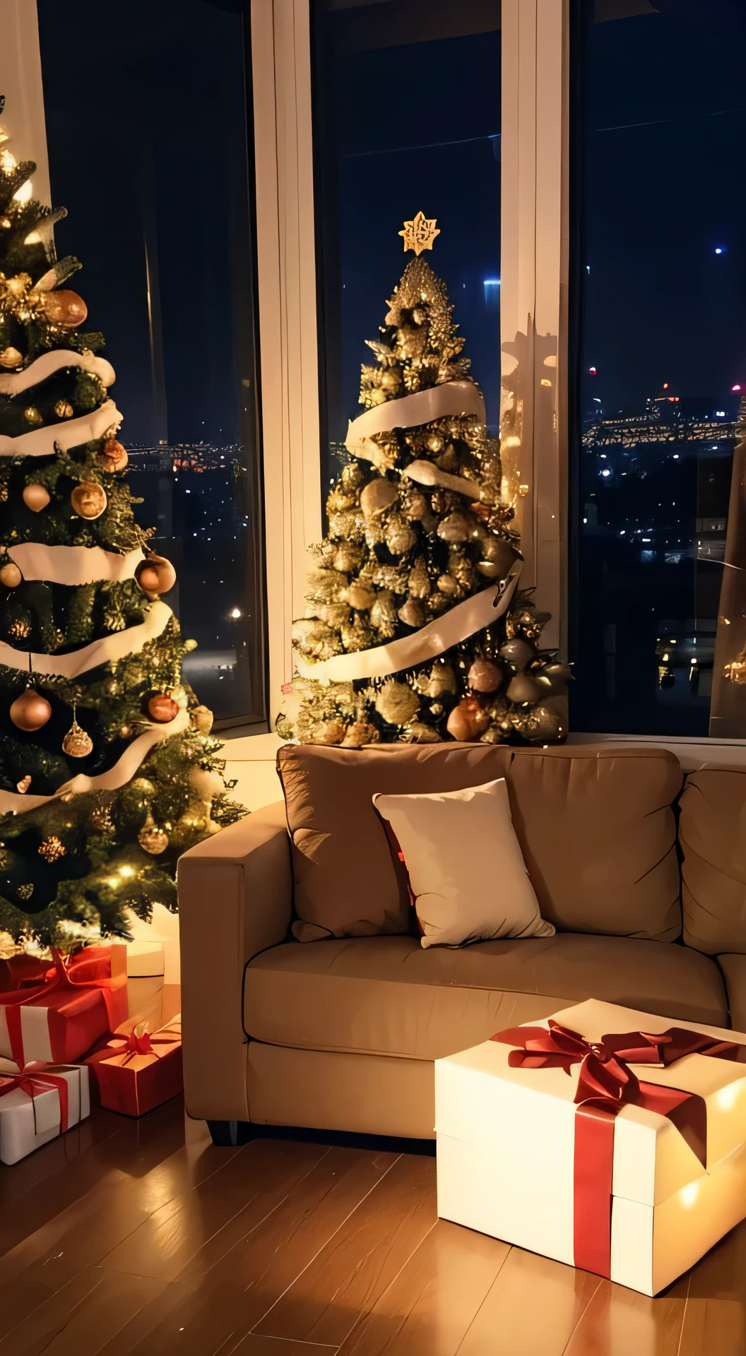 In the darkness of the night, There is a Christmas tree next to the comfortable single sofa by the window, There are many gift boxes on the floor.