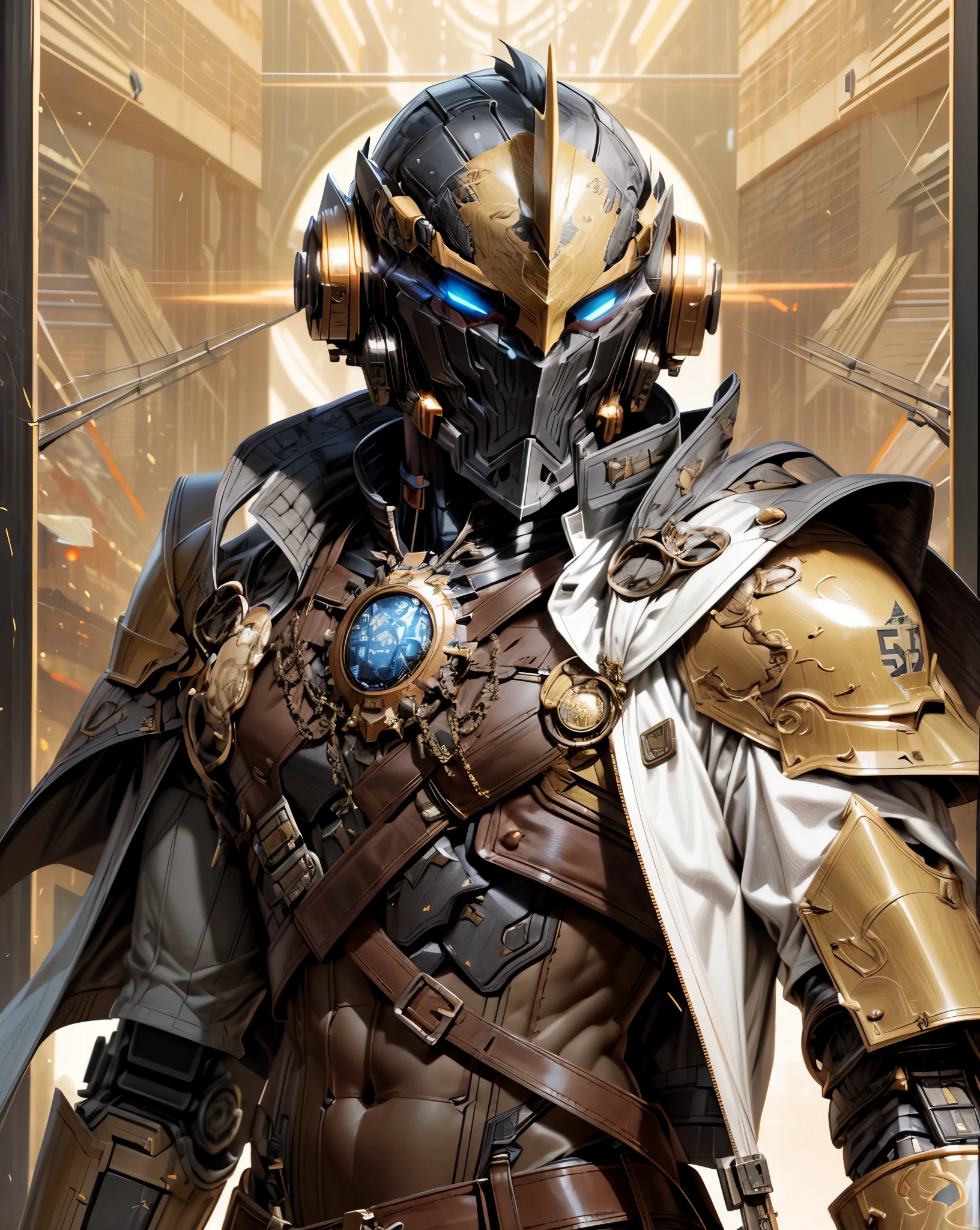 (((An epic and visually stunning digital anime masterpiece featuring a sylphlike masculine ((male:1.5)) decorated military dieselpunk cyborg soldier clad in a sleek yet tactical armored yet decorated leather military trench coat:1.2))), (((flat masculine male :1.5, full head covered by a mechanical mecha knight helmet with a narrow visor:1.5))), (((the character adorned in a (scifi tactical armored open front trench coat with a built in exoskeleton) (over a form fitted armor plated yet super sleek and revealing under suit with waist cut outs), the armor plating on the upper arms and shoulders beautifully engraved))):1.4. The image showcases the intricacies of the character’s armor and clothing:1.5, ((capturing their flamboyant essence and heavy mecha aesthetic:1.2)). The character also possesses an androgynous charm, (((with slim yet heavily muscled physique:1.2, sylphlike with a sleek waist, toned yet beautifully sleek cybernetic arms:1.3, mechanical arms and legs:1.3, mecha muscles:1.3))), looking at viewer, (((brass metal armor and brown leather, dieselpunk:1.3))), (((depth of field, cinematic lighting, chromatic aberration, ray tracing, UHD, masterpiece, top of head covered, super detail, high details, high quality, award winning, 8k, highres)))