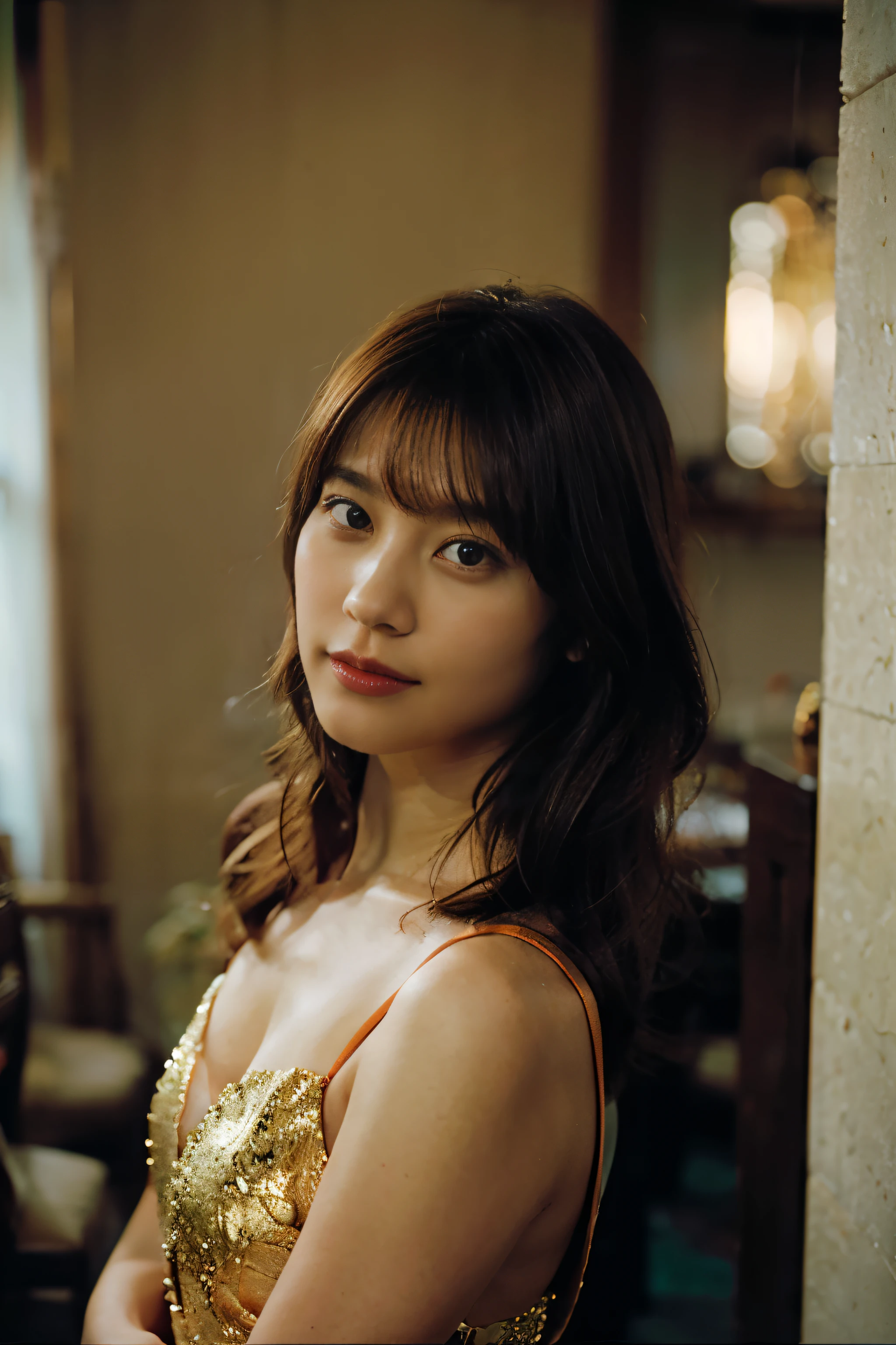 Elegant half-body portrait with the brunette woman wearing a stylish evening gown, shot against a sophisticated interior backdrop, Her orange hair adds a pop of color to the serene setting. Shot on kodak gold 400.