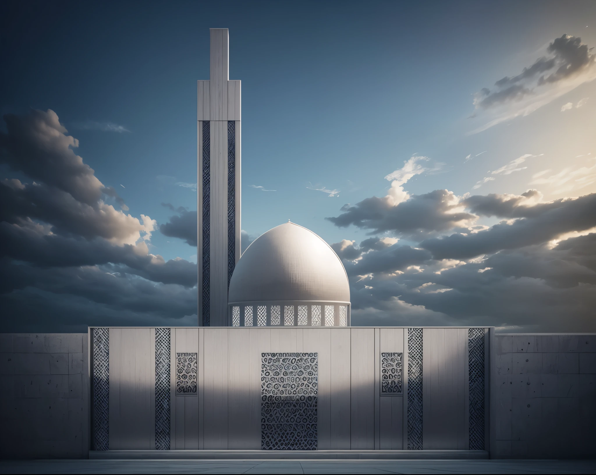 photorealistic, modern mosque with islamic pattern, 128k,full white color facade, extreme details, hd details,insane deailed octane render,award winning,master peice,