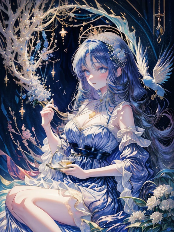 One girl, Solo, (((trapped in big krystal)))(trapped in krystal:1.7),((add eye details)), ((add face details)), krystal, Star, shine, beautiful night sky on background, Moon, Stars on background,Diamonds、たくさんのkrystalが付いたドレス, fantasy dress, A magical dress with a transparent chest, krystal製シースルー, lady with glowing flowers dress, intricate fantasy sheer dress, Daniel Merriam's style, translucent intricate gown, Translucent intricate costume design, translucent  dress, a stunning young ethereal figure, jeweled opal statue, fantasy transparent costume, Made of dried flowers、Glasswork、glass slipper with gold and white flowers, 気まぐれIntricate details, intricate and Elegant, beautiful detailed Elegant, Fairytale style, ultra Intricate details, Elegant. Highly detailed, complex and beautiful, golden Intricate details, Cinderella, side view Intricate details, Complex gold elements, Intricate details, Complex and detailed, super complex details、There is a sofa and table in a room with blue curtains, anime aesthetic, Anime Background, dreamy and detailed, anime beautiful peace scene, Anime Background art, beautiful anime scene, very magical and dreamy, blue and white tones, Relaxing environment, Ethereal dreamy theme, dreamy aesthetic, Anime that won the Aesthetic Award, relaxing concept art, blue themed, quiet and serene atmosphere、A charming, Sheer,The nipple is visible、large boob、sexy-S 100, seductive lingerie camisole、a close up of a woman's underwear with a Bra and panties, bright blue shiny lingerie, lingerie, lingeries beauty, Sheer underwear, laced lingerie, lingerie!!, Bra, wearing sexy lingerie, Bralette, captivating and enticing, harnesses and garters, lingeries, so sexy