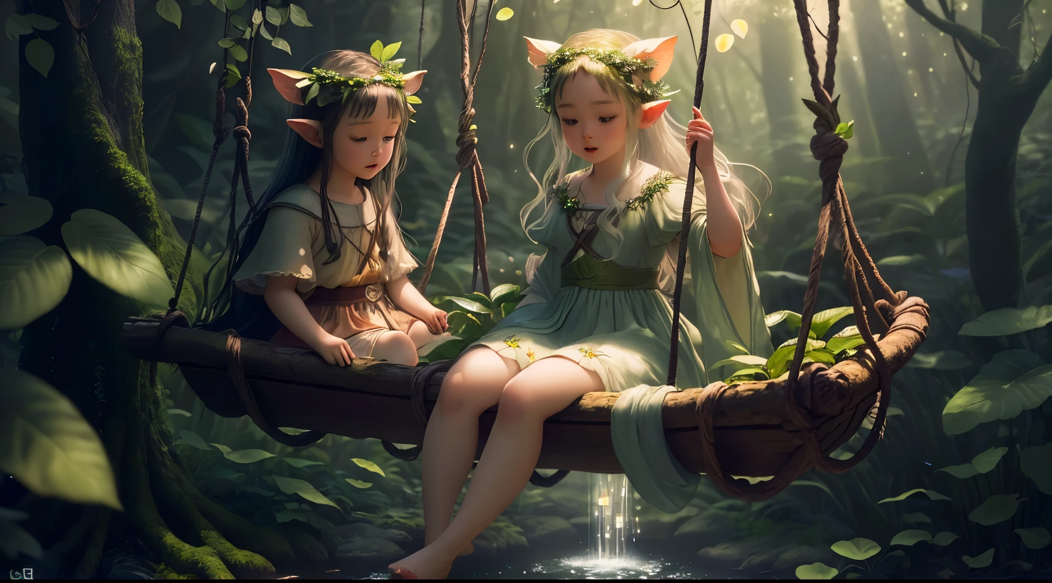 Masterpiece, best quality, (very detailed CG unity 8k wallpaper), (best quality), (Lord Of The Rings theme), (best illustration), (best shadows), glow sprite, natural elements in the forest theme. Mysterious forest, breath taking pools, beautiful forest, nature, surrounded by flowers, very detail little fairy girl on a swing alone, detail face, detail nose, detail eyes, detail ears, detail mouth, delicate leaves and branches surrounded by fireflies (natural elements), (jungle theme), (leaves), (twigireflies), (particle effects) etc. 3D , Octane rendering, ray tracing, super detailed