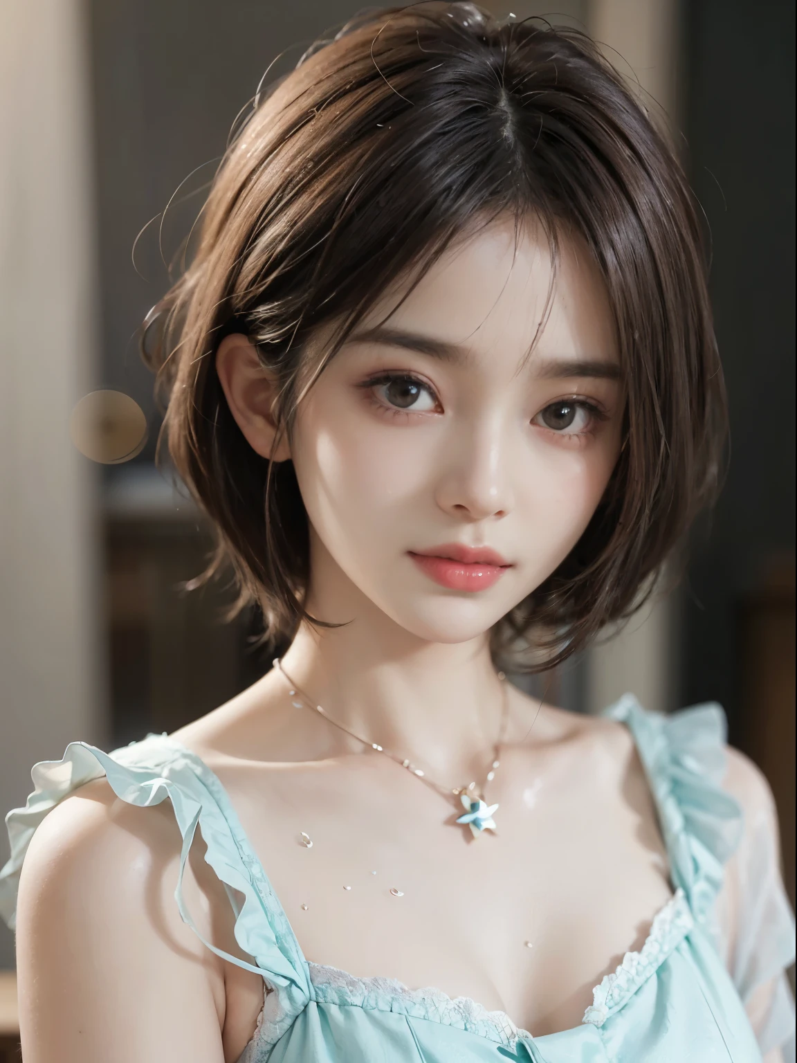 Clothed、(photoRealstic:1.4)、(hyper realisitic:1.4)、(reallistic:1.3)、(Smooth lighting:1.05)、(Improved cinematic lighting quality:0.9)、32K、1girl in、Japan women、Realistic lighting、Back lighting、Facial Lights、Ray tracing、(brightened light:1.2)、(Quality Improvement:1.4)、(Realistic textured skin of the highest quality:1.4)、fine detailed eyes、A detailed face、Fine quality eye、Brown eyes、(Moist pale pink lips wet and reflecting light)、(Tired, sleepy and satisfied: 0.0)、Mint Green Floral Silk Blouse、Ruffles and lace、Thin string ribbon ties、dark brown hair、She wears short, Trimmed bangs on her forehead.、shairband、One woman with a faint smile、(white backgrounid)