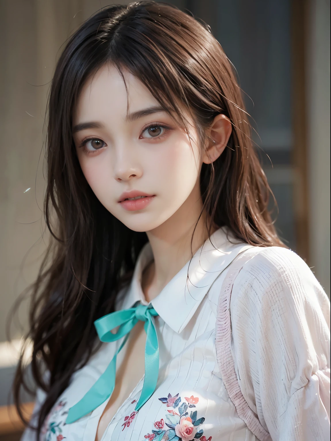 Clothed、(photoRealstic:1.4)、(hyper realisitic:1.4)、(reallistic:1.3)、(Smooth lighting:1.05)、(Improved cinematic lighting quality:0.9)、32K、1girl in、Japan women、Realistic lighting、Back lighting、Facial Lights、Ray tracing、(brightened light:1.2)、(Quality Improvement:1.4)、(Realistic textured skin of the highest quality:1.4)、fine detailed eyes、A detailed face、Fine quality eye、Brown eyes、(Moist pale pink lips wet and reflecting light)、(Tired, sleepy and satisfied: 0.0)、Mint Green Floral Silk Blouse、Ruffles and lace、Thin string ribbon ties、dark brown hair、She wears short, Trimmed bangs on her forehead.、shairband、One woman with a faint smile、(white backgrounid)