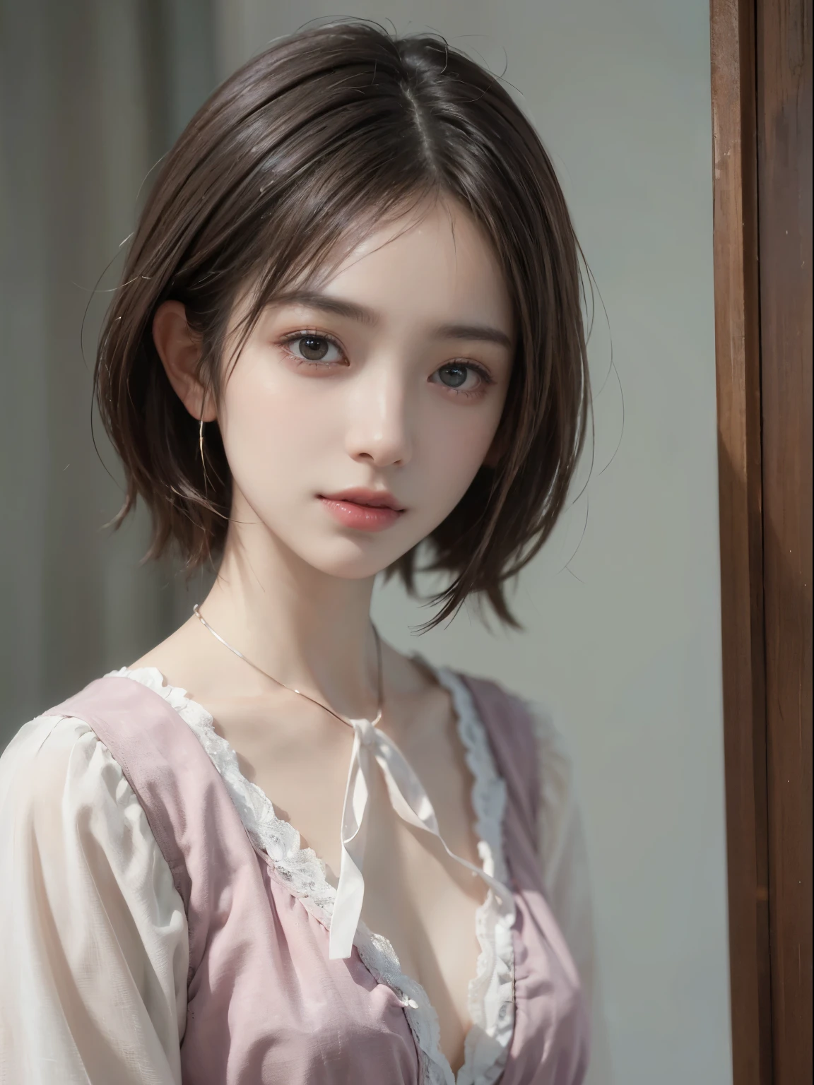 Clothed、(photoRealstic:1.4)、(hyper realisitic:1.4)、(reallistic:1.3)、(Smooth lighting:1.05)、(Improved cinematic lighting quality:0.9)、32K、1girl in、Japan women、Realistic lighting、Back lighting、Facial Lights、Ray tracing、(brightened light:1.2)、(Quality Improvement:1.4)、(Realistic textured skin of the highest quality:1.4)、fine detailed eyes、A detailed face、Fine quality eye、Brown eyes、(Moist pale pink lips wet and reflecting light)、(Tired, sleepy and satisfied: 0.0)、Mint Green Floral Silk Blouse、Ruffles and lace、Thin string ribbon ties、dark brown hair、She wears short, Trimmed bangs on her forehead.、shairband、One woman with a faint smile、(white backgrounid)