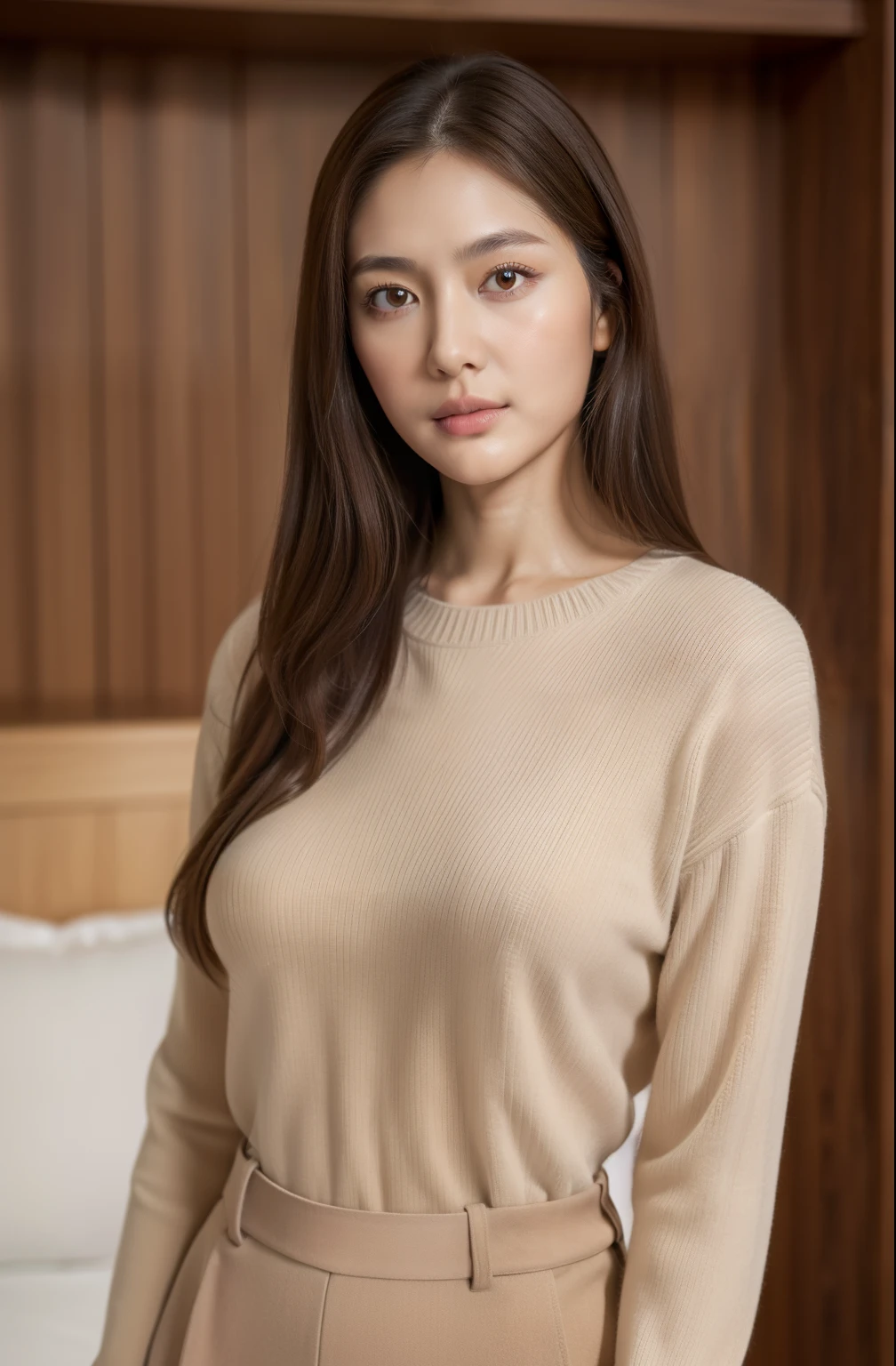 masuter piece, top-quality, masterpiece, hight resolution, Photorealsitic, Raw photography, 8k wallpaper, flawless, profetional lighting, ighly detailed, depth of fields,Pale solid color background, ((One beautiful woman)), ((20yr old)), Female sexy, Detailed face, beautidful eyes, bangss, large breasts of good shape, Light Brown Straight Hair, Faint lips, ((Stand forward、Staring at the viewer, serious face eyes.)),Sweaters, skirt by the, cowboy shot