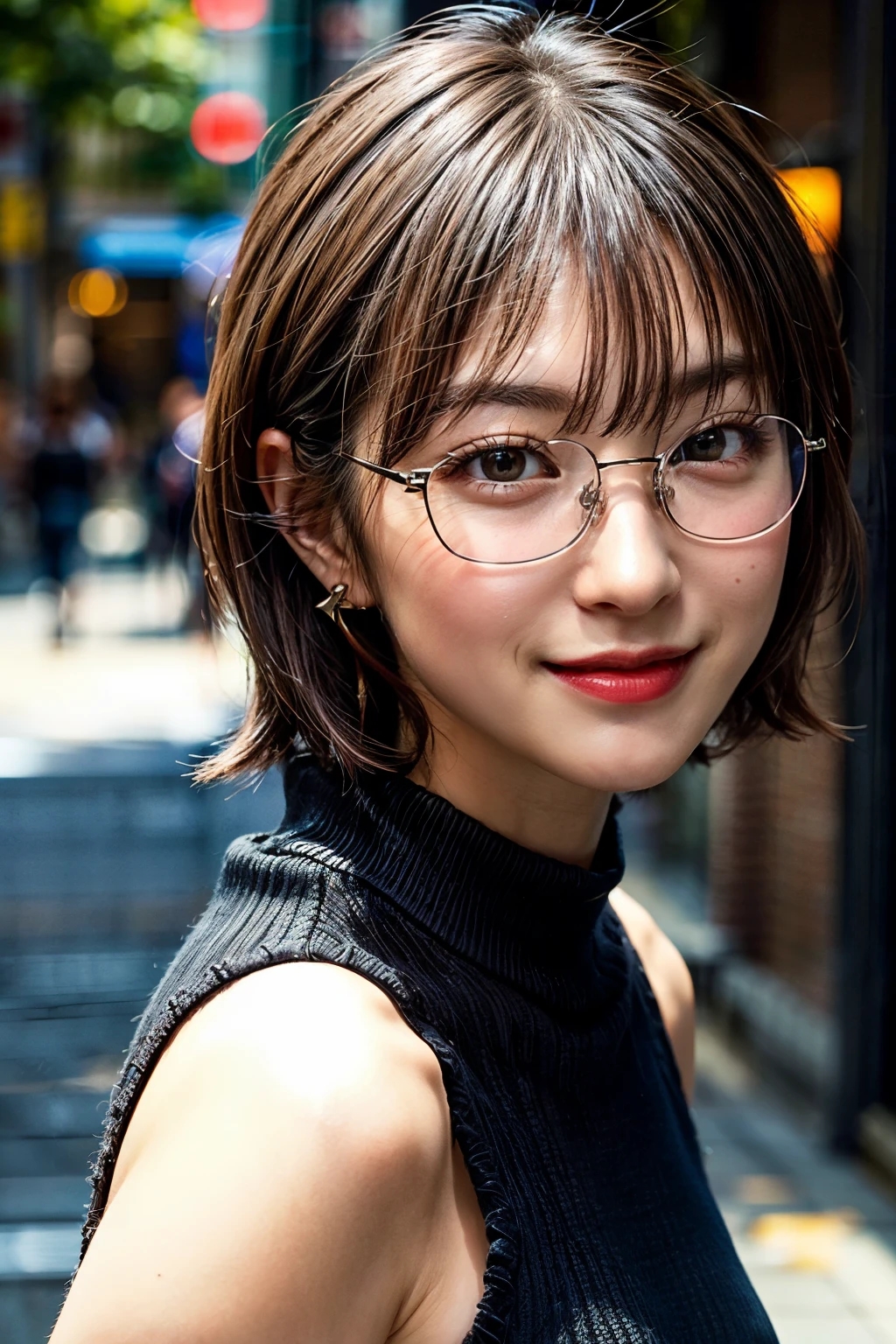 Black hair, Glasses, Stud earrings, Vintage, Feminine, 8K, masutepiece, Smiled、Best Quality, excellent details) , (High color saturation, Best Shadows, best light, Very delicate bleaching) Dark style