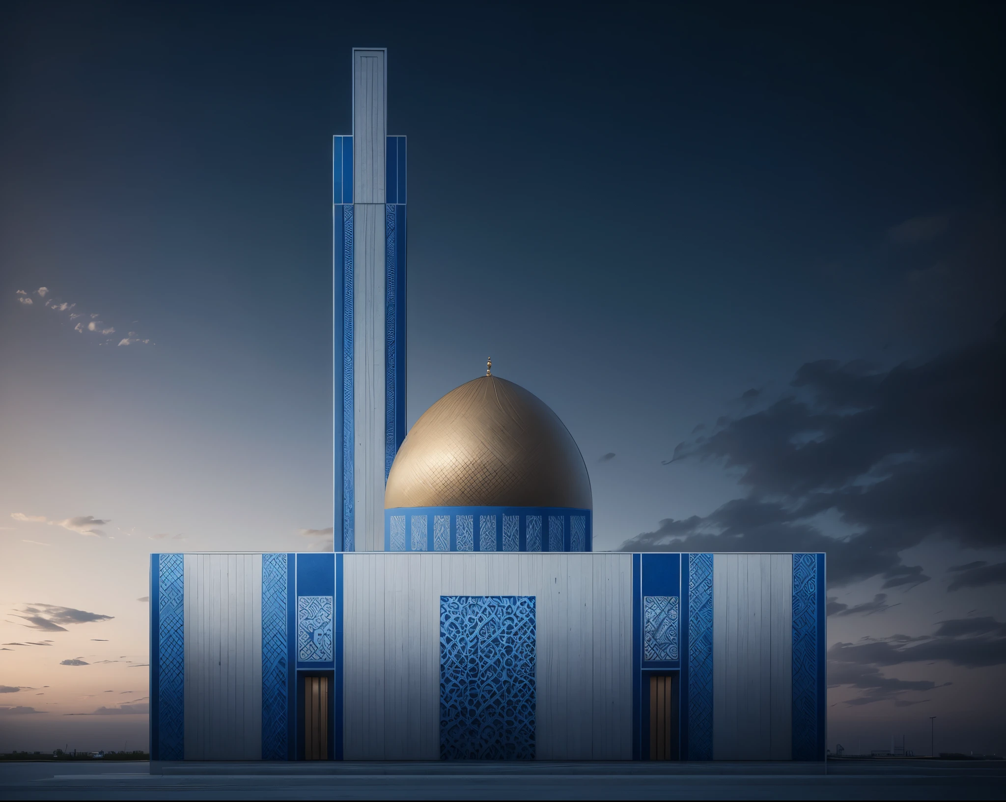 photorealistic, modern mosque, 128k,full white finished color facade, Islamic design pattern in blue color,extreme details, hd details,insane deailed octane render,award winning,master peice,