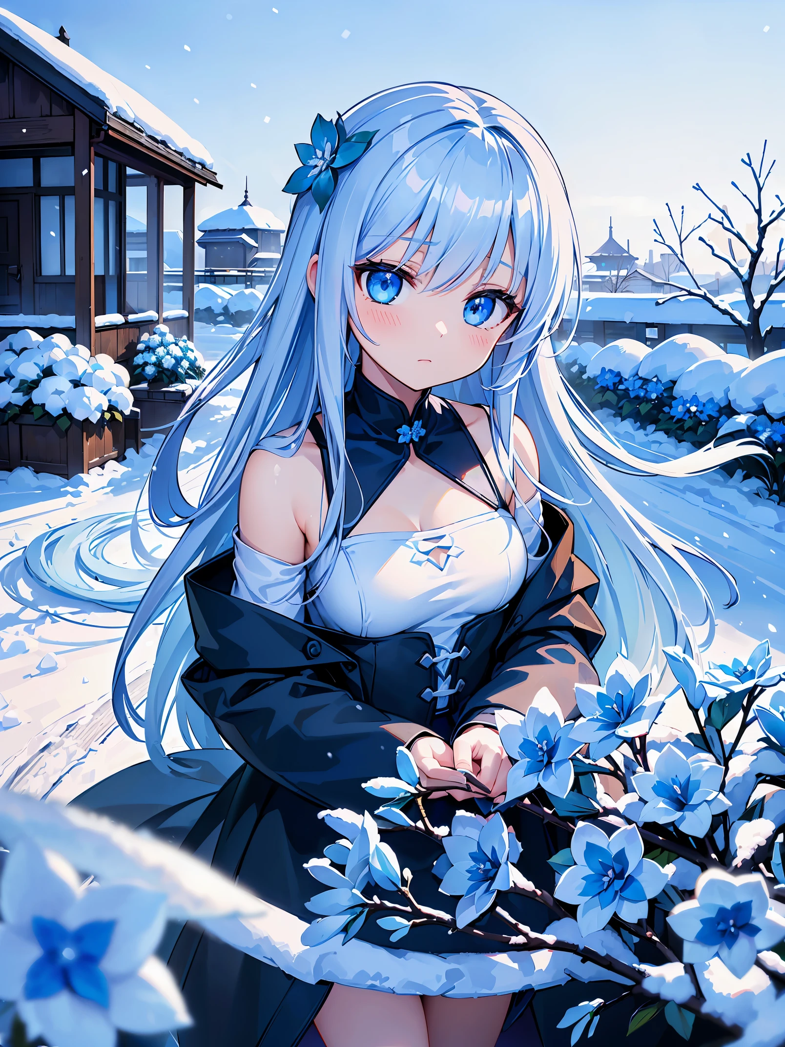 (RAW Photos, Best Quality), (animesque:1.2), snow flowers blooming in winter, (((snowscape:1,9, blue flower))), (((Flower buds))), Highly detailed, Photography, masutepiece, High quality, High quality, hight resolution, Professional Lighting,