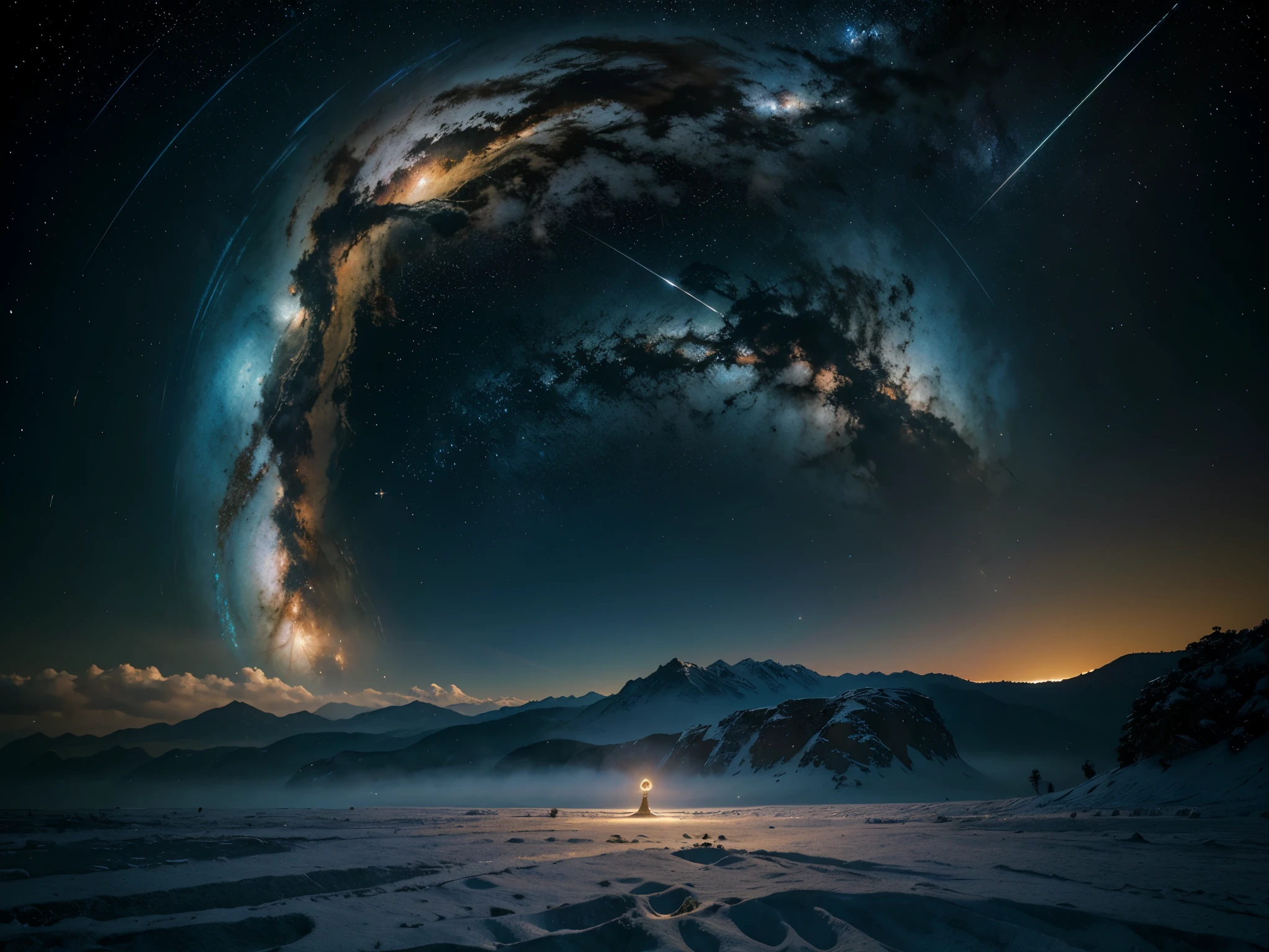 "Genera una obra de arte en pixel art que representa un detallado y expansivo panorama estelar... The image should be as large as possible and show the immensity and beauty of the space... Incluye elementos como estrellas brillantes.., Nebulosas, and other celestial bodies to achieve a stunning panoramic effect.