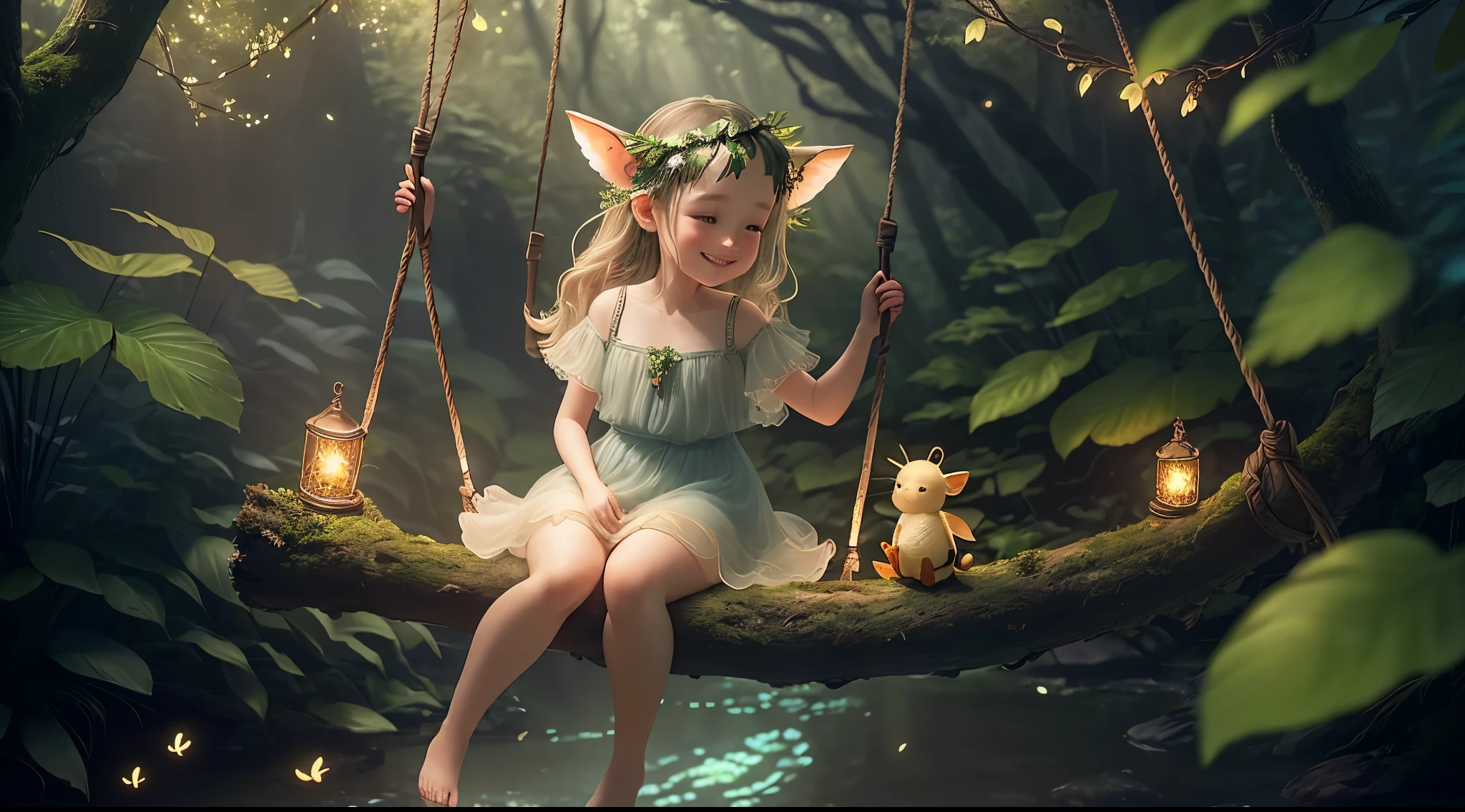 Masterpiece, best quality, (very detailed CG unity 8k wallpaper), (best quality), (best illustration), (best shadows), glow sprite, natural elements in the forest theme. Mysterious forest, breath taking pools, beautiful forest, nature, surrounded by flowers, very detail little fairy girl on a swing alone, smile, detail face, detail nose, detail eyes, detail ears, detail mouth, delicate leaves and branches surrounded by fireflies (natural elements), (jungle theme), (leaves), (twigireflies), (particle effects) etc. 3D , Octane rendering, ray tracing, super detailed