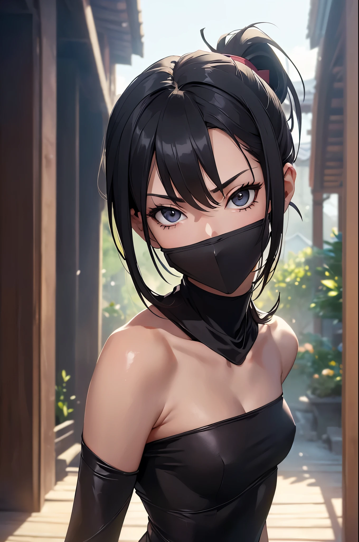 (Official art、Best Quality、Unity 8k Wallpapers、32K、 masterpiece、ultra-detailliert、High resolution,Perfect Anatomy),(natural soft light:1.2),Detailed beautiful face and eyes,shoot from front,cowboy shot,(focus 1woman,solo:1.2),20-year-old beauty,black hair,ponytail:1.3,short cut hair,black eyes,(skinny:1.3,slender body:1.3,ideal ratio body proportions:1.3,small breasts,shiny skin,(real  face:1.2,Ninja costume:1.2,kunoichi:1.2),Japanese castle、