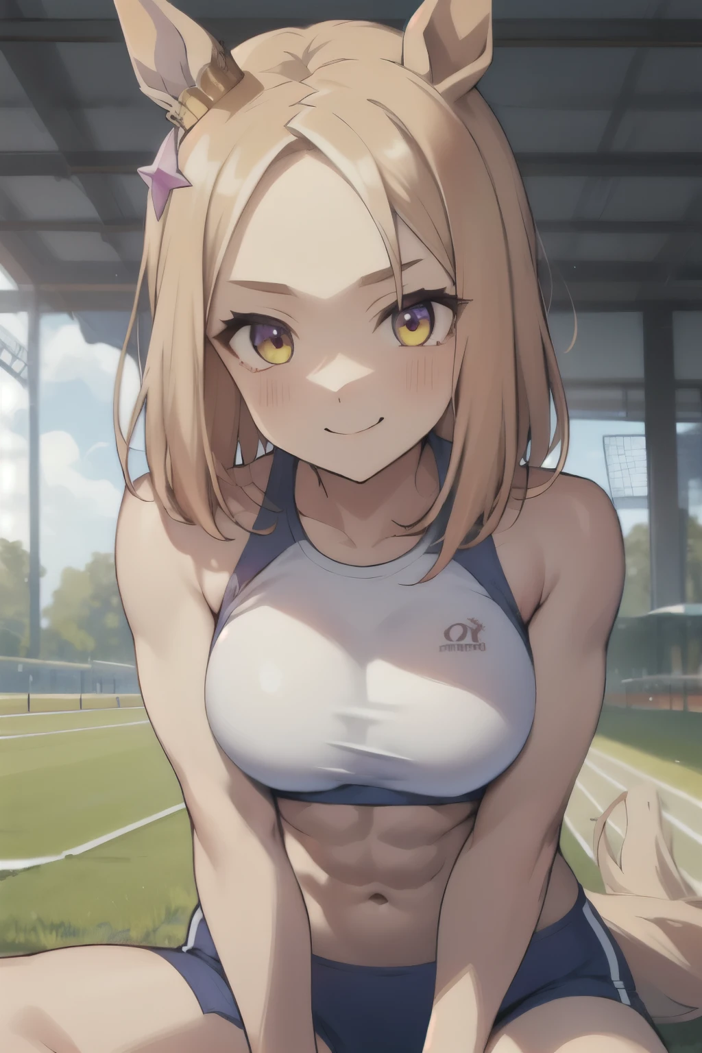 narita top road\(umamusume\), (((ultra-detailed face))), symmetrical face, beautiful face, masterpiece, best quality, muscle, rikujou, sports bra, horse tail, large tits, smile, abs, athletics track, hand between legs