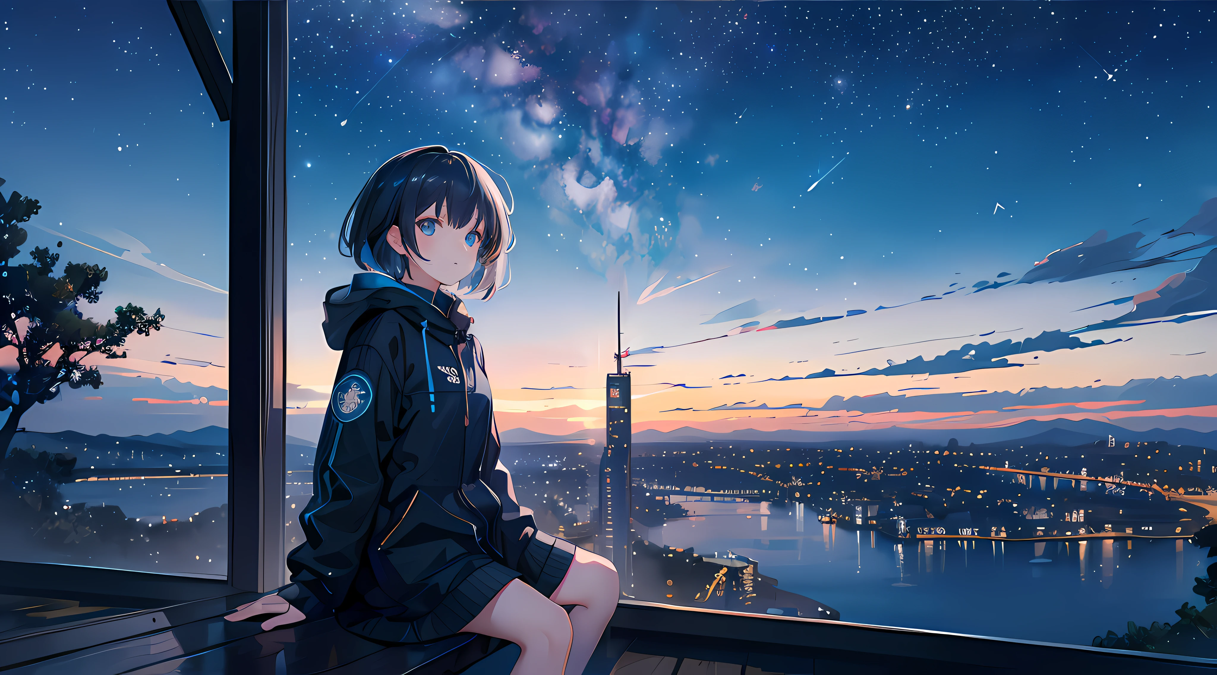Anime girl sitting on a window ledge looking at the city - SeaArt AI