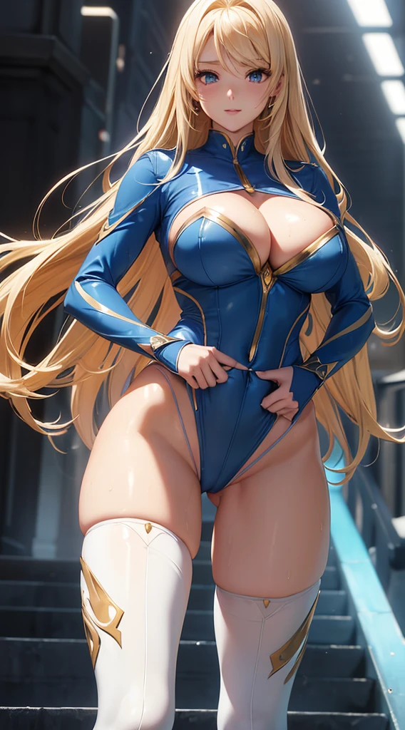 ((masutepiece)), ((ultra-quality)), ((Ultra-detailed)), ((High resolution)) , ,((in 8K)),Beautuful Women, ((she is the most famous beauty in the world.)), Unparalleled beauty, ((large full breasts:1.4)), ((big butts)), ((Deep cleavage)), Slim waist, Chest out, Ultra-detailed顔, Perfect Skin, (((waist-length hair, ((long straight golden hair)),  Detailed eyes, Whole body image, Sexy, An inviting smile, , (((Anime))), ((Glamorous)), Sexual attraction ,23 years old, ((信じられないほどBeautuful Women)), ((H Cup Bust)),((((sexypose)))), ((Neat and clean.)) , (((power ranger))), heroine,  (((High leg leotard power suit, Blue power suit with white lines, Reinforced powered suit))),  ((Beautiful breasts and legs, 8 life-size, Anime:1.4, Wet, strong and beautiful, ((charm)), ((Gravure Pose)),((British Beauty)),