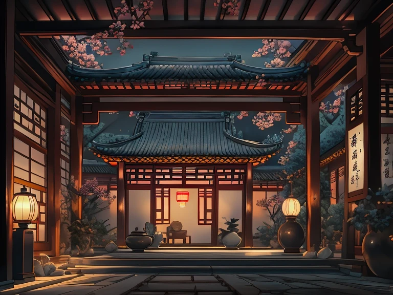 (Antique interior design), Manhwa Style,Chinese courtyard, nighttime scene,Asian architecture,Ancient Chinese Ming Dynasty style, elegant ambiance,The painting style is delicate and soft, movie light effect, high-definition picture quality, , dingdall effect, rich details, Refer to Gu Kaizhi, 32K, high qulity, A high resolution, (Very detailed CG unified 8k wallpaper)