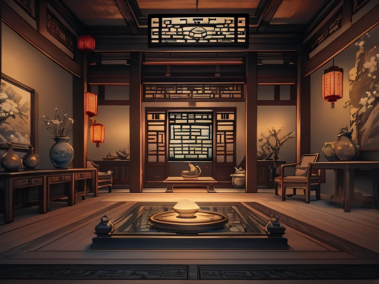 (Antique interior design), Manhwa Style，Chinese courtyard, nighttime scene，Asian architecture，Ancient Chinese Ming Dynasty style, elegant ambiance，The painting style is delicate and soft, movie light effect, high-definition picture quality, , dingdall effect, rich details​, Refer to Gu Kaizhi, 32K, high qulity, A high resolution, (Very detailed CG unified 8k wallpaper)