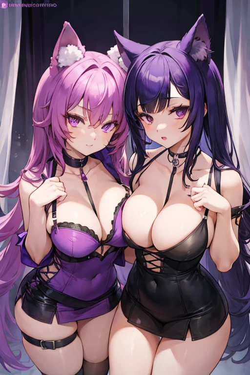 2girls, hot, purple hair, catgirl, sexy revealing outfit,NSFW, high res, ultrasharp, 8K, masterpiece, looking at viewer